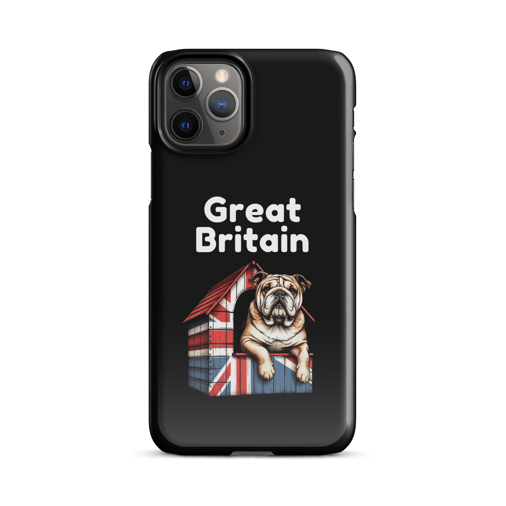 A British Bulldog sitting proudly on top of a dog house covered with a Union Jack pattern and the words Great Britain in White Text.