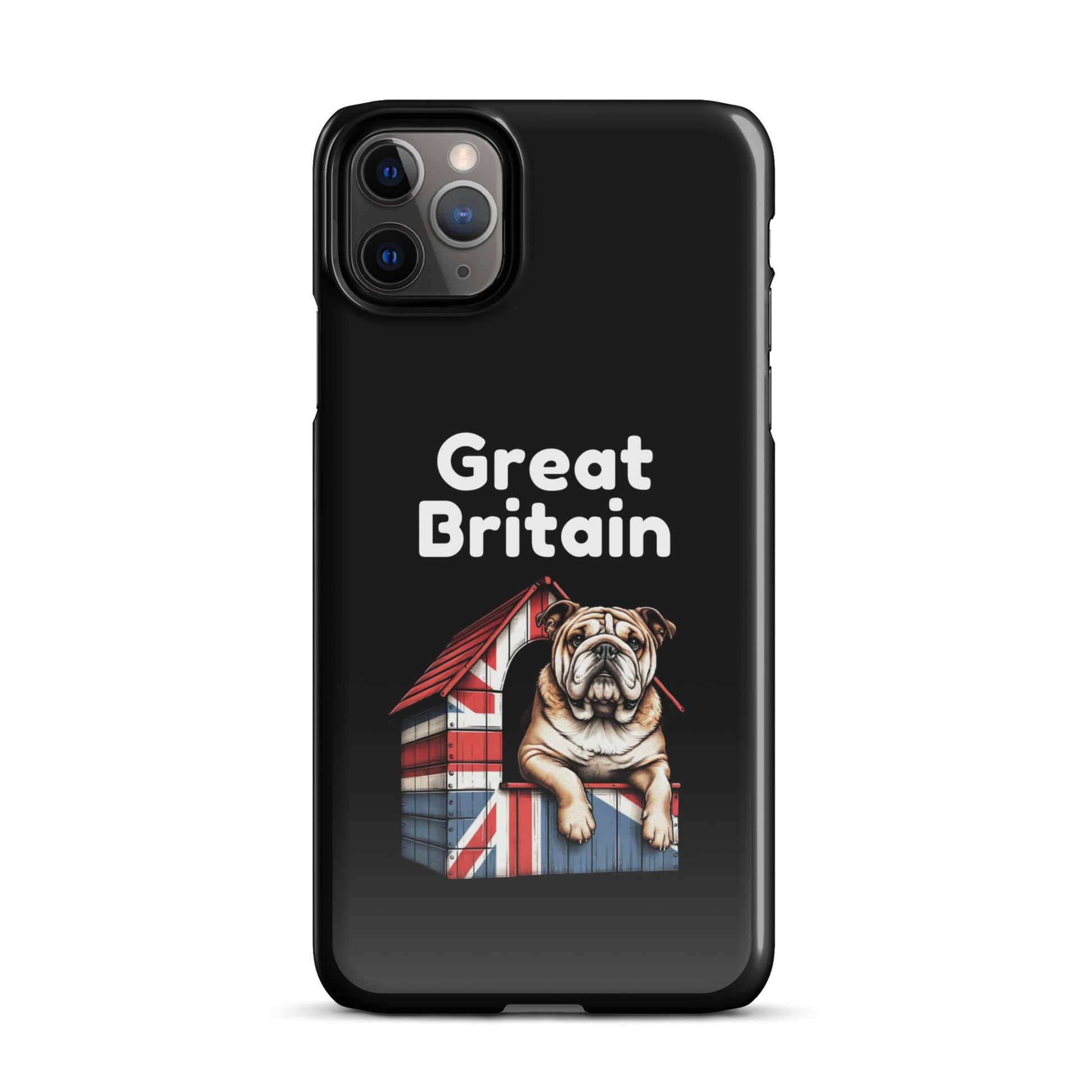 A British Bulldog sitting proudly on top of a dog house covered with a Union Jack pattern and the words Great Britain in White Text.