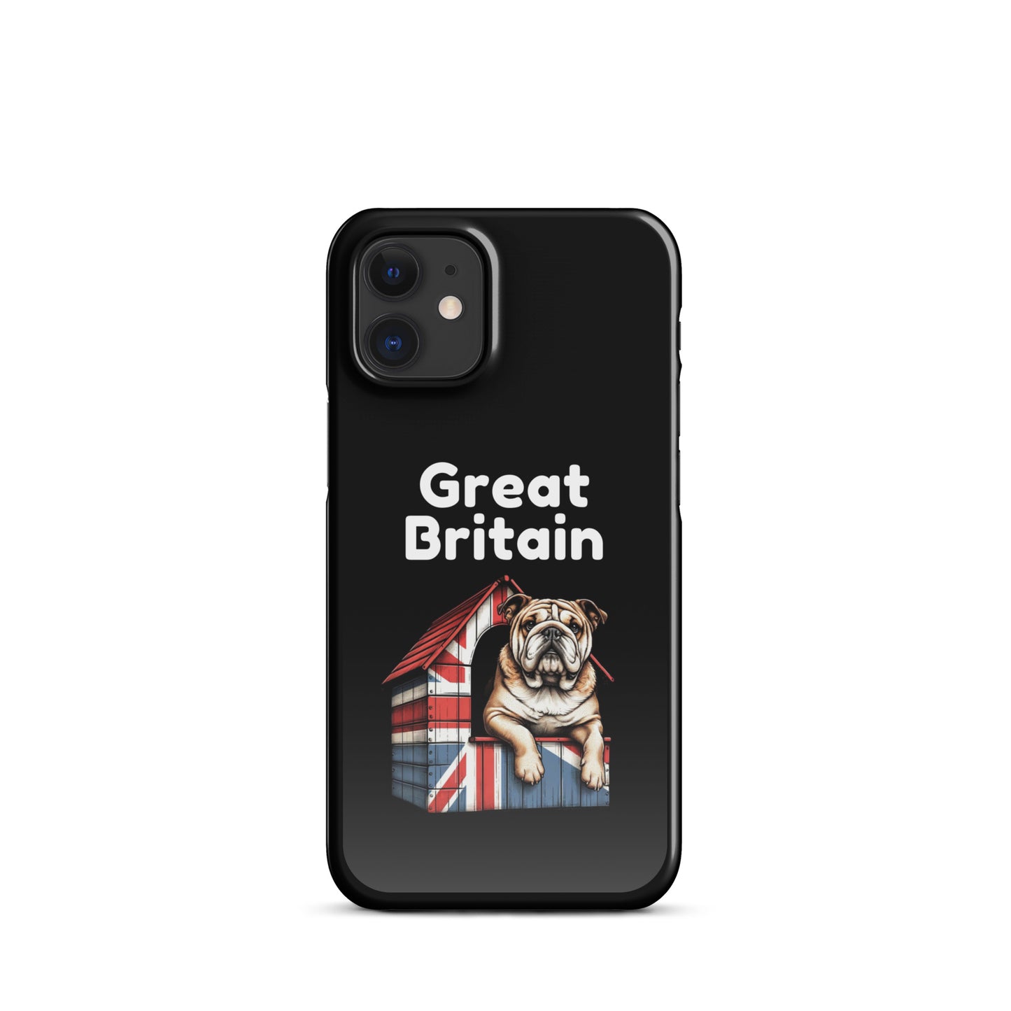 A British Bulldog sitting proudly on top of a dog house covered with a Union Jack pattern and the words Great Britain in White Text.