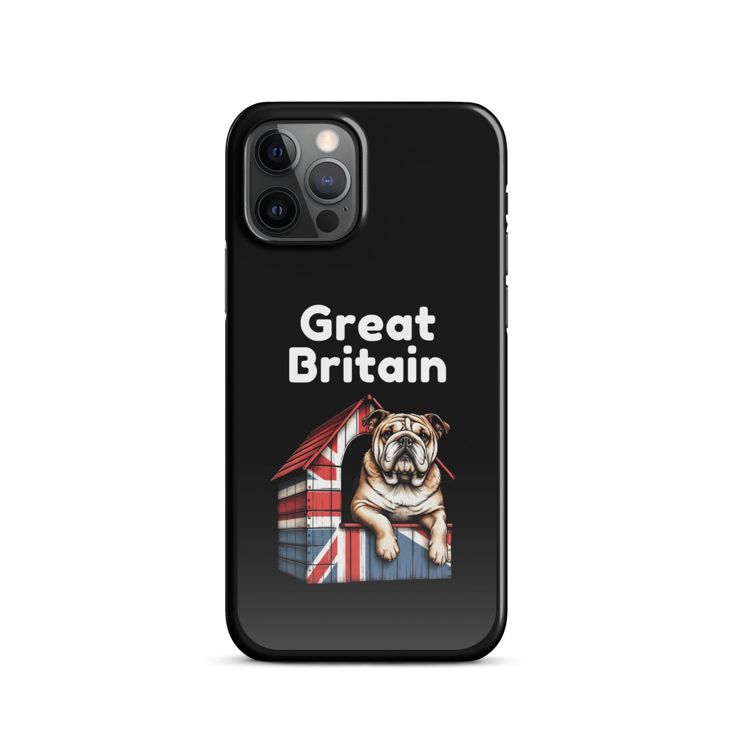 A British Bulldog sitting proudly on top of a dog house covered with a Union Jack pattern and the words Great Britain in White Text.