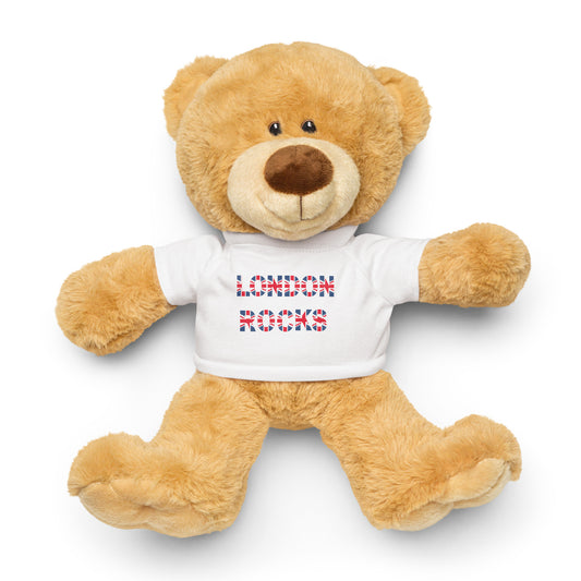 Cute Teddy Bear wearing a t-shirt which states London Rocks in the Union Jack Flag colours