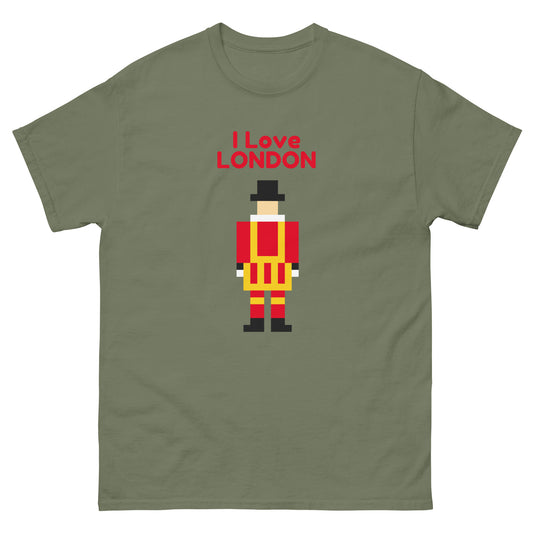 A green I love London T-shirt with a pixelated Royal Guard from the Tower Of London