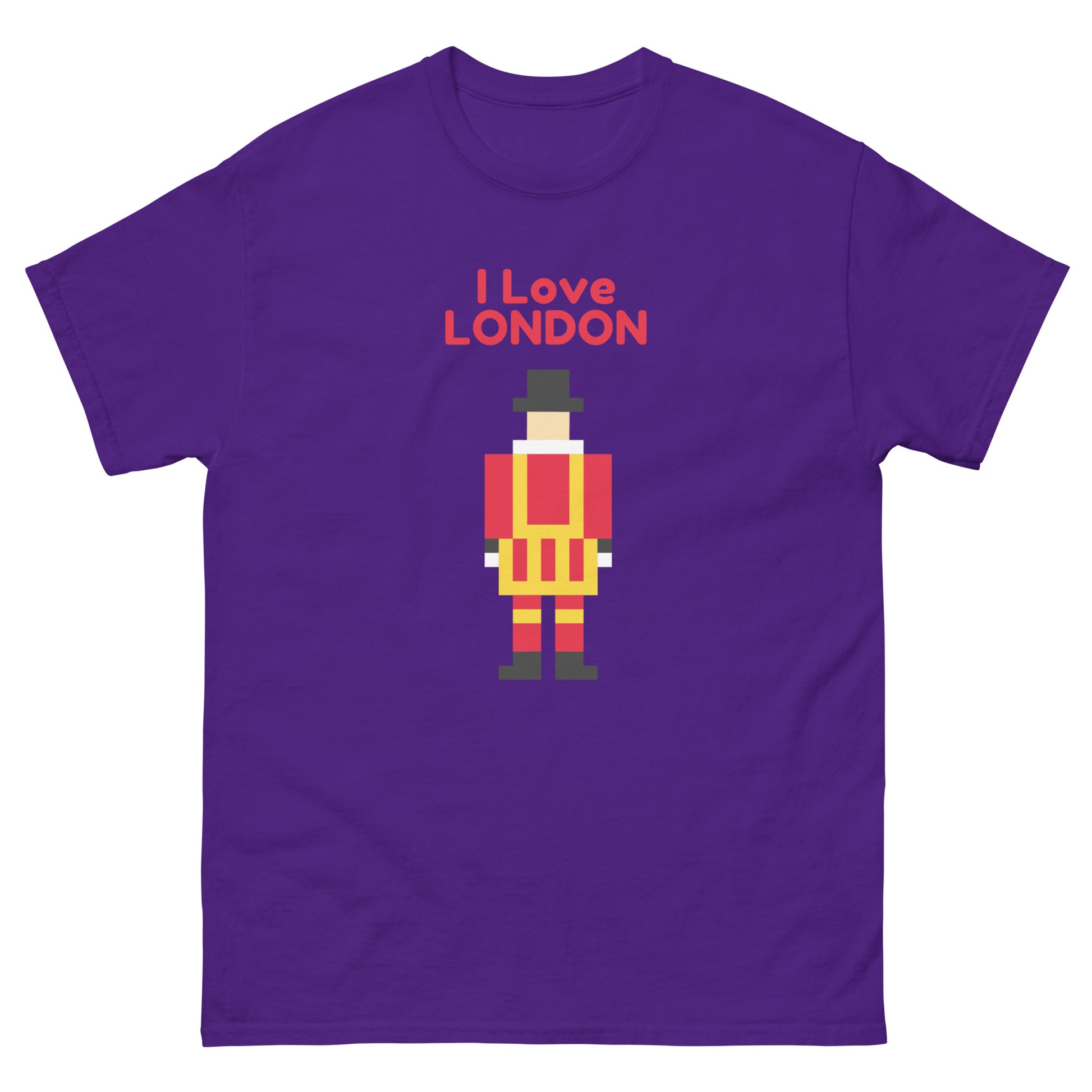 A purple I love London T-shirt with a pixelated Royal Guard from the Tower Of London