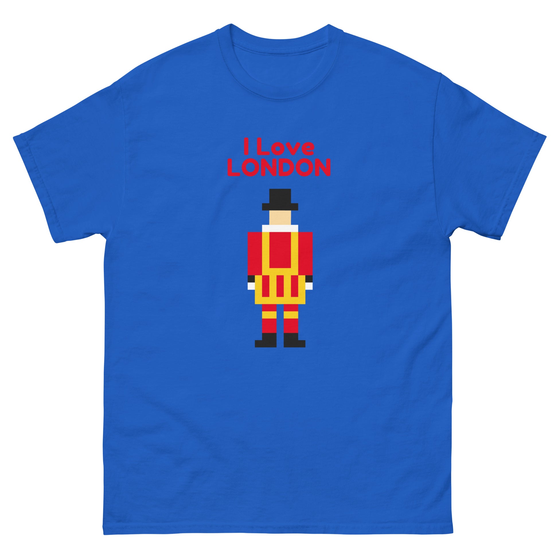 A blue I love London T-shirt with a pixelated Royal Guard from the Tower Of London