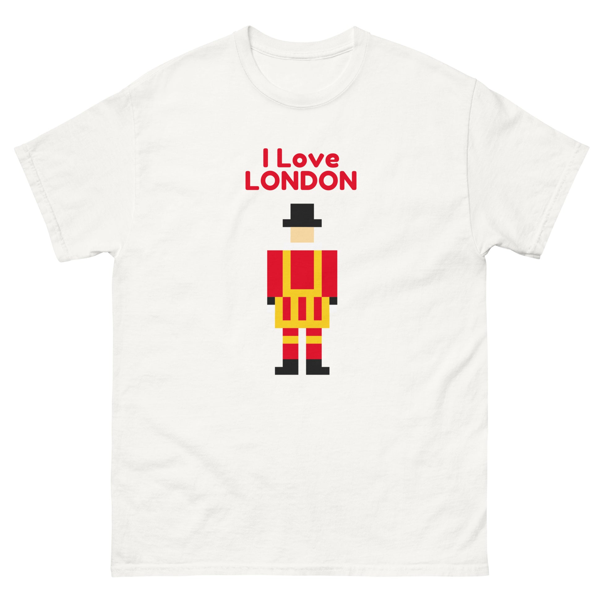 A white I love London T-shirt with a pixelated Royal Guard from the Tower Of London