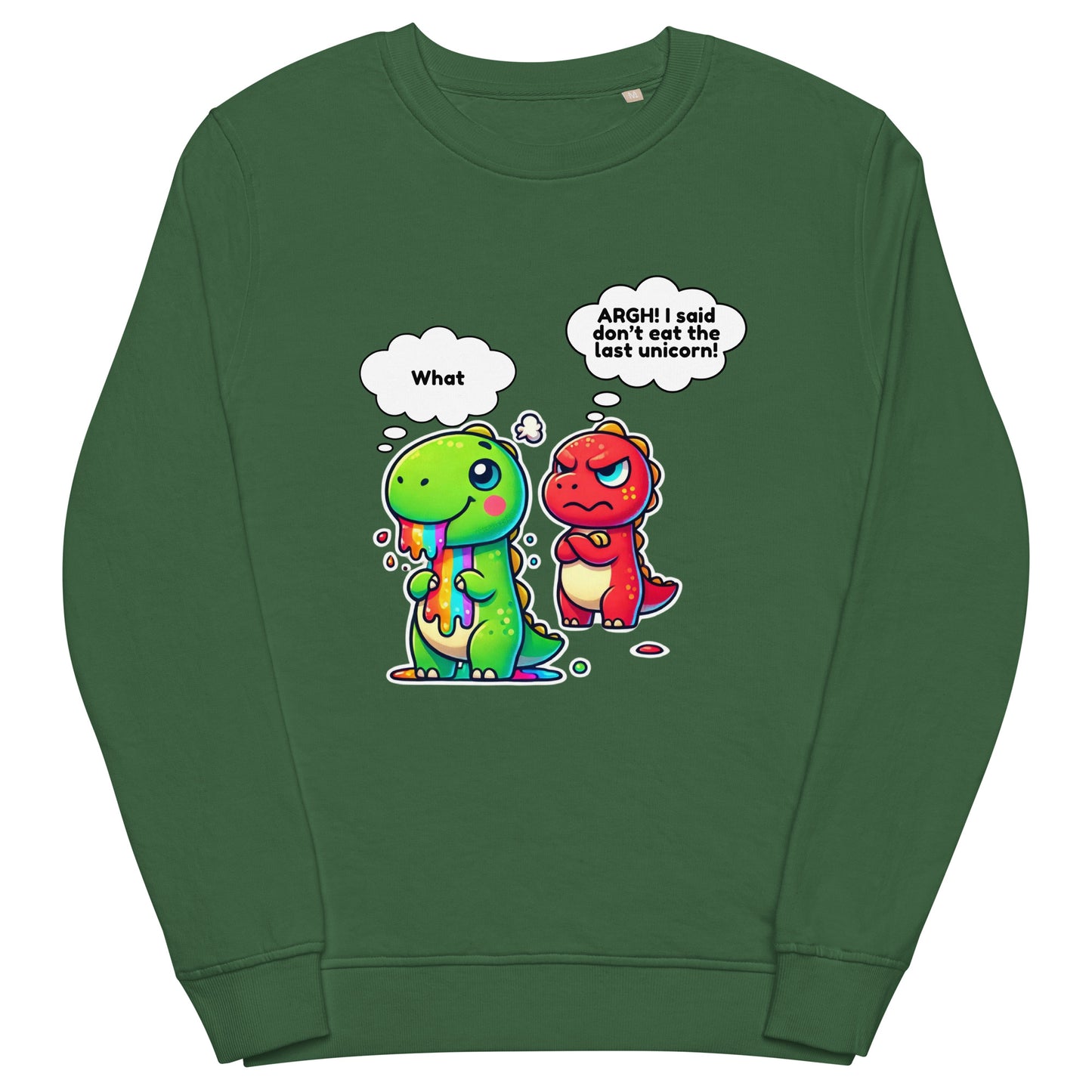 2 cute dinosaurs with 1 saying to the other Argh, I said don’t eat the last unicorn! The other dino has colours coming out of its mouth implying it’s eaten the last unicorn. A funny joke t-shirt