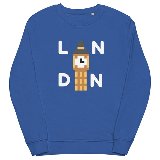 Royal blue unisex sweatshirt with retro pixel art Big Ben clock and LDN letters