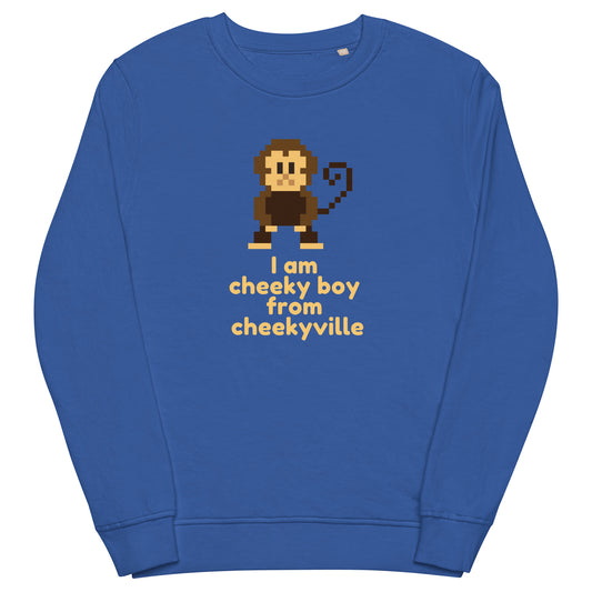 Royal blue unisex sweatshirt with retro pixel art cheeky boy graphic and 'I am cheeky boy from cheekyville' text