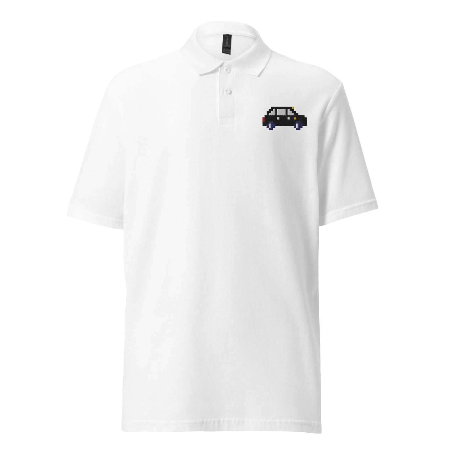 White polo shirt featuring a pixel art design of a black London taxi on the chest. The retro 8-bit style taxi adds a touch of iconic British charm to the casual, minimalist look of the polo