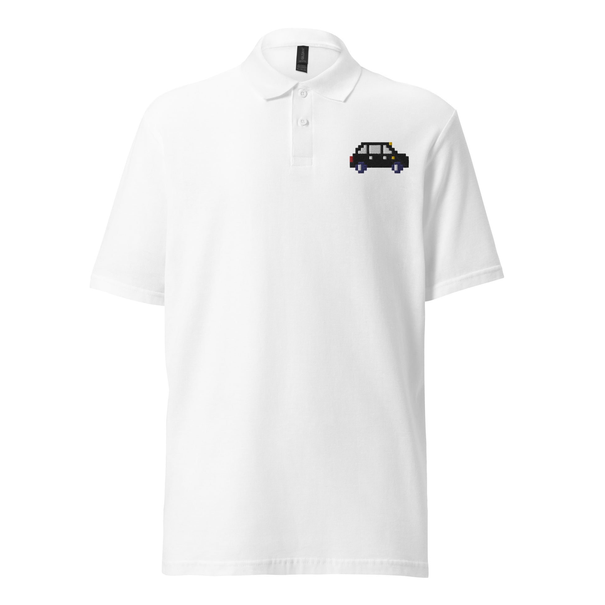 White polo shirt featuring a pixel art design of a black London taxi on the chest. The retro 8-bit style taxi adds a touch of iconic British charm to the casual, minimalist look of the polo