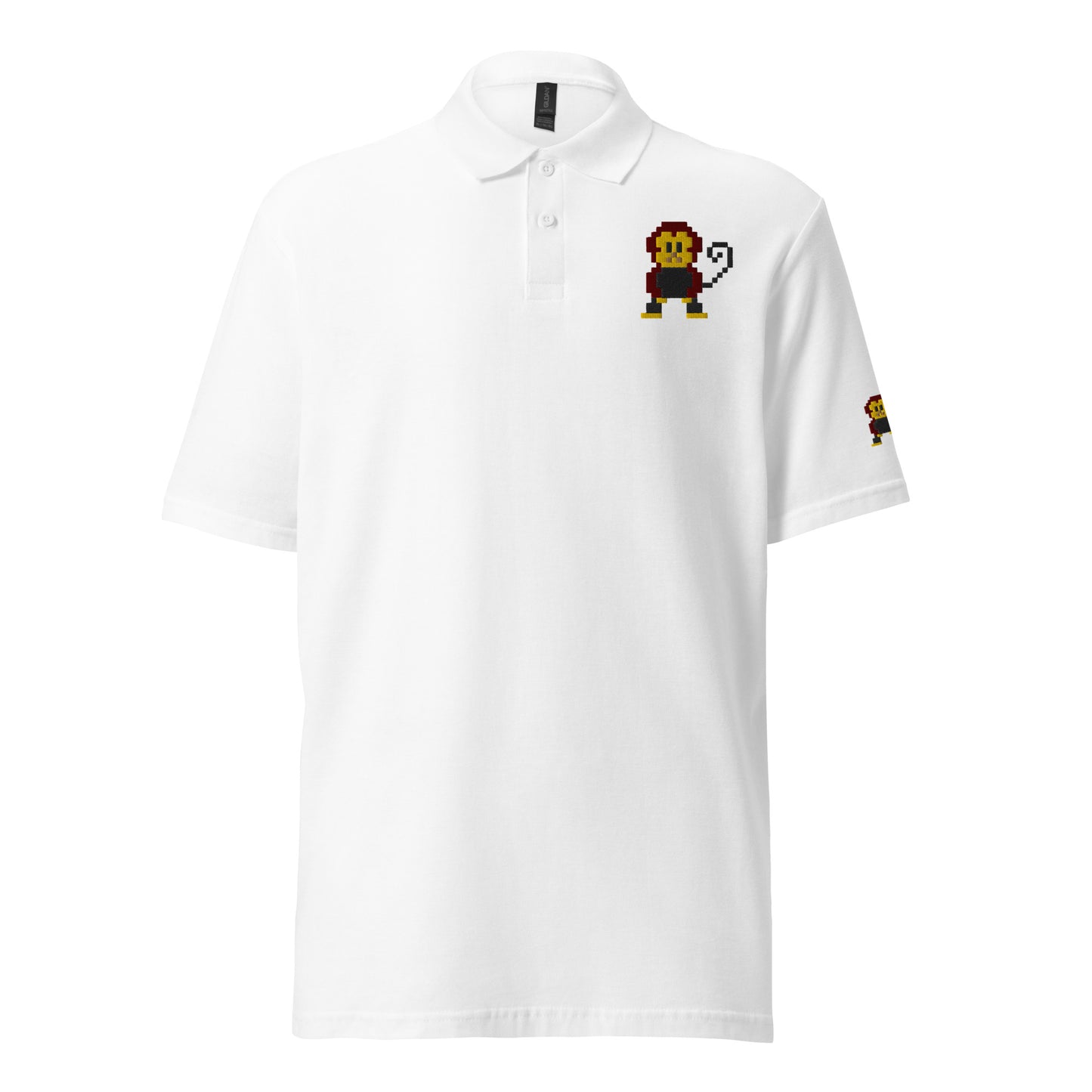 Retro Brown and Cream coloured cheeky Monkey Top left side of Polo shirt and on arm of shirt