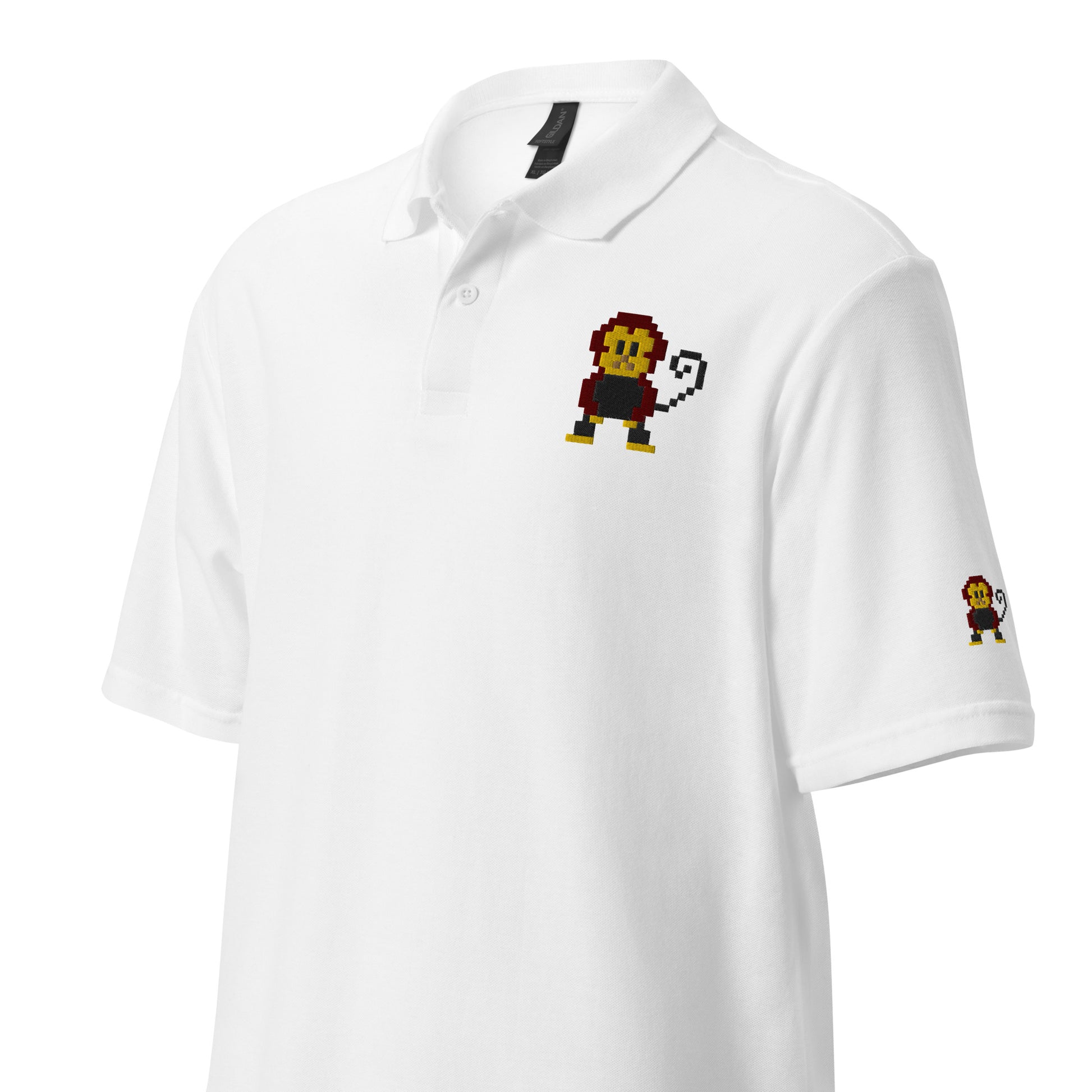 Retro Brown and Cream coloured cheeky Monkey Top left side of Polo shirt and on arm of shirt