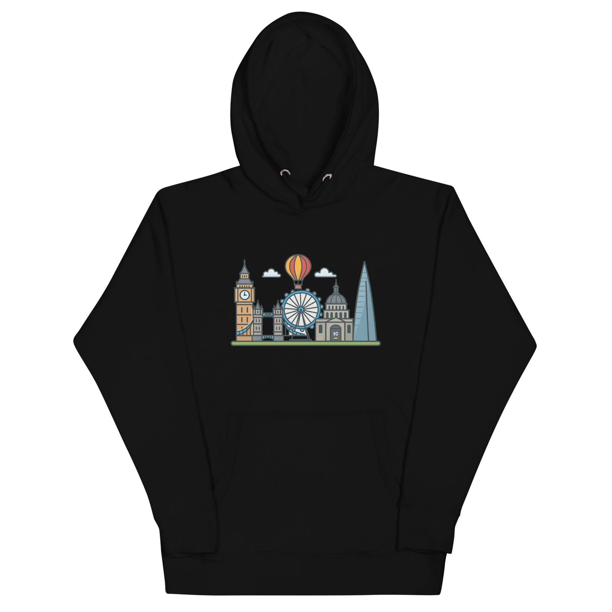 Black hoodie featuring colorful London skyline illustration with Big Ben, the London Eye, St Paul’s Cathedral, The Shard, and a hot air balloon – a stylish souvenir for UK travel lovers and London fans.