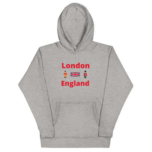 London and England in red text with pixelated royal guard, Union Jack and Royal guard