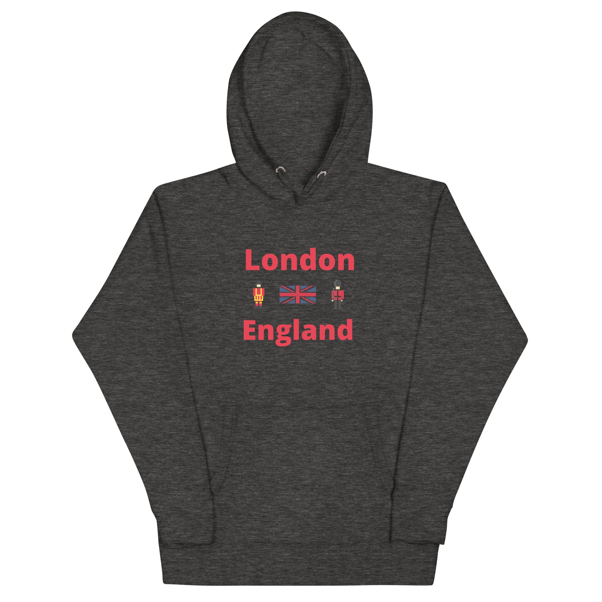 London and England in red text with pixelated royal guard, Union Jack and Royal guard