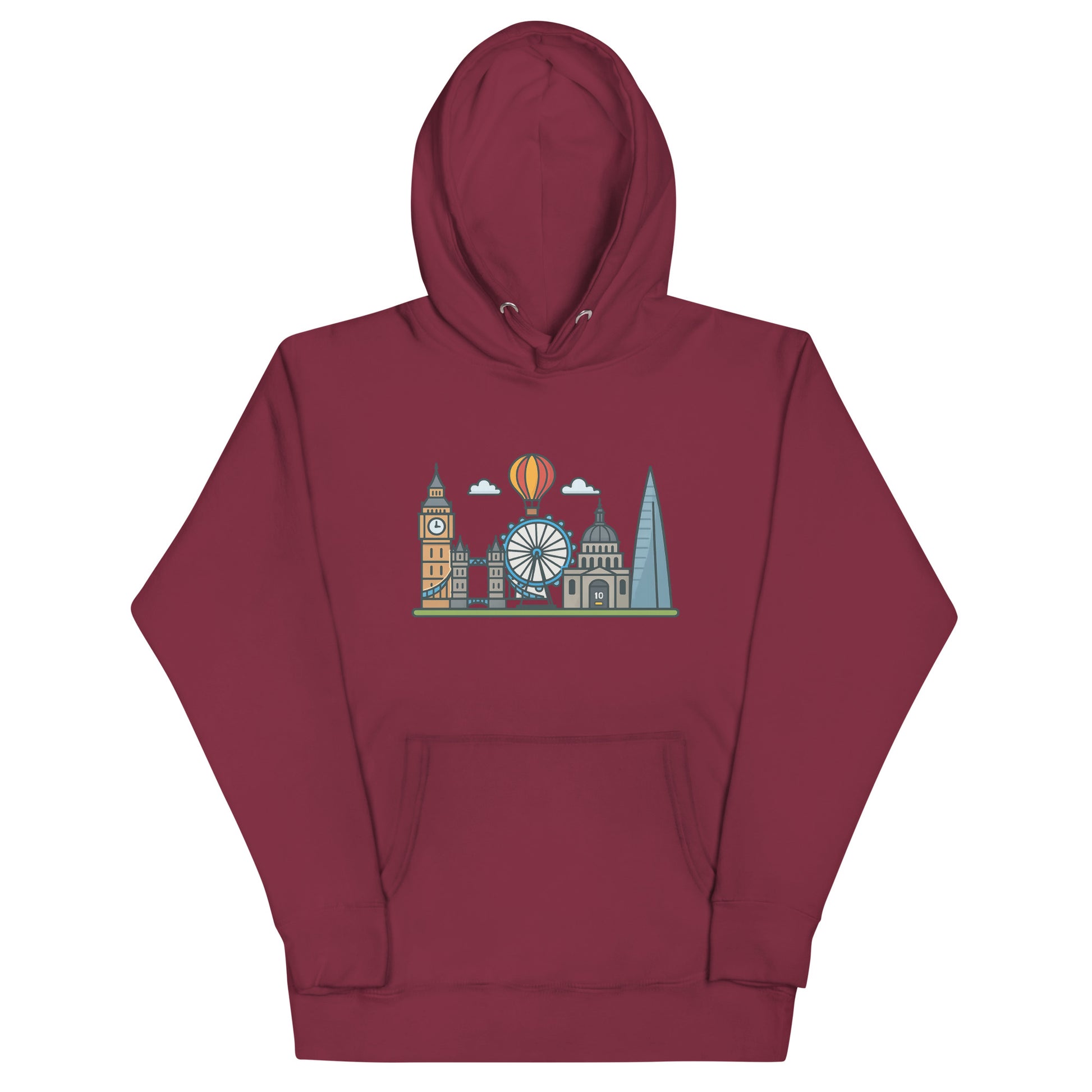 Maroon hoodie featuring colorful London skyline illustration with Big Ben, the London Eye, St Paul’s Cathedral, The Shard, and a hot air balloon – a stylish souvenir for UK travel lovers and London fans.