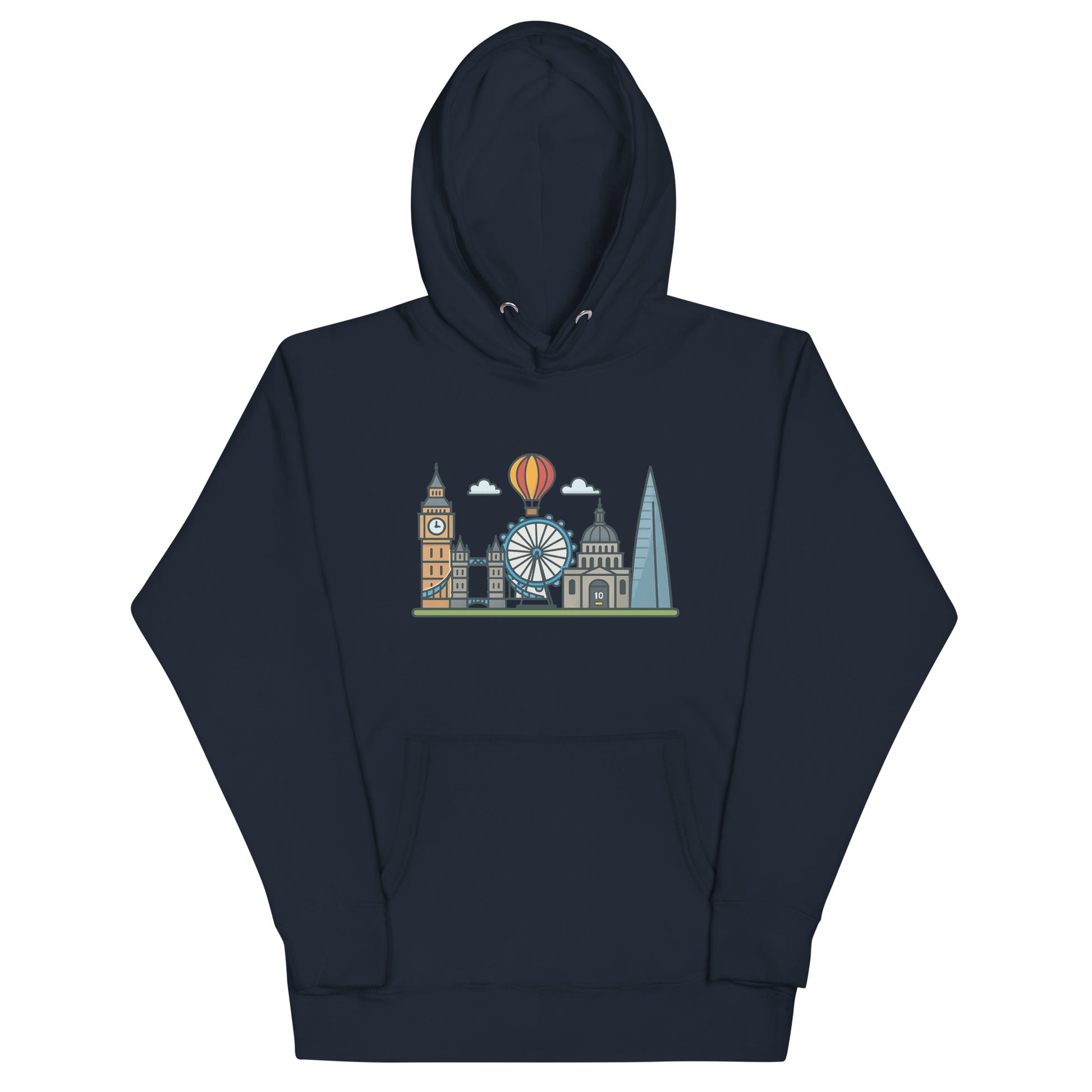 Dark grey hoodie featuring colorful London skyline illustration with Big Ben, the London Eye, St Paul’s Cathedral, The Shard, and a hot air balloon – a stylish souvenir for UK travel lovers and London fans.