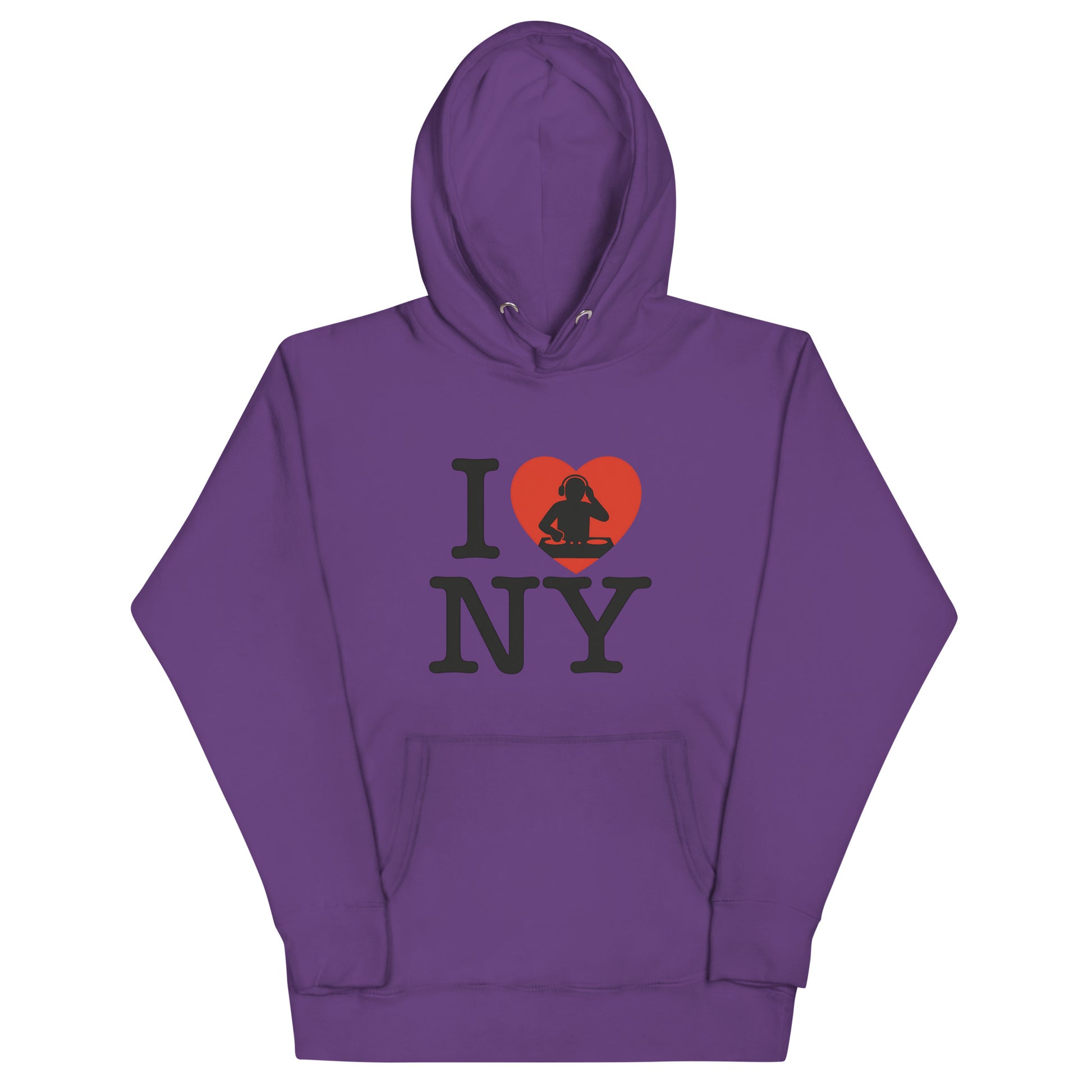 Purple hoodie with “I ❤️ NY” design featuring a red heart and DJ silhouette – bold tribute to New York nightlife and urban music culture.