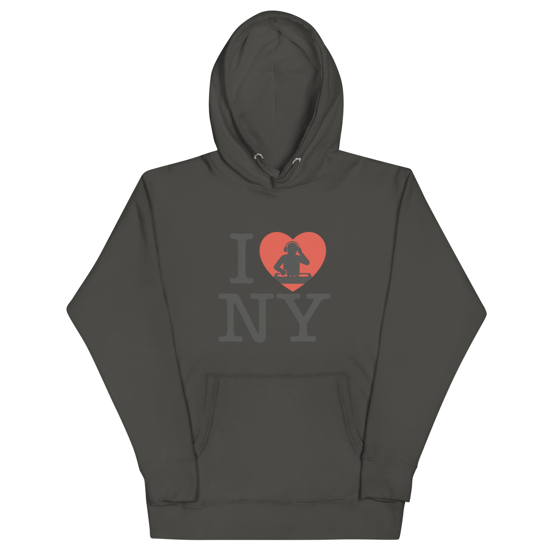 Dark Grey hoodie with “I ❤️ NY” design featuring a red heart and DJ silhouette – bold tribute to New York nightlife and urban music culture.