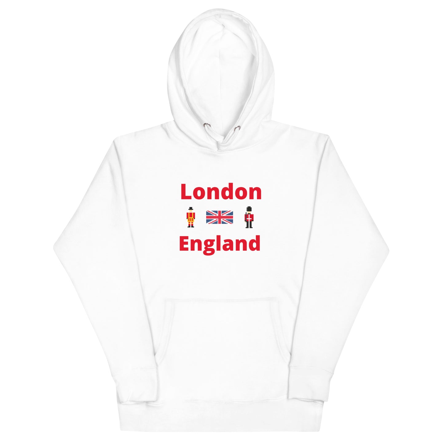 London and England in red text with pixelated royal guard, Union Jack and Royal guard