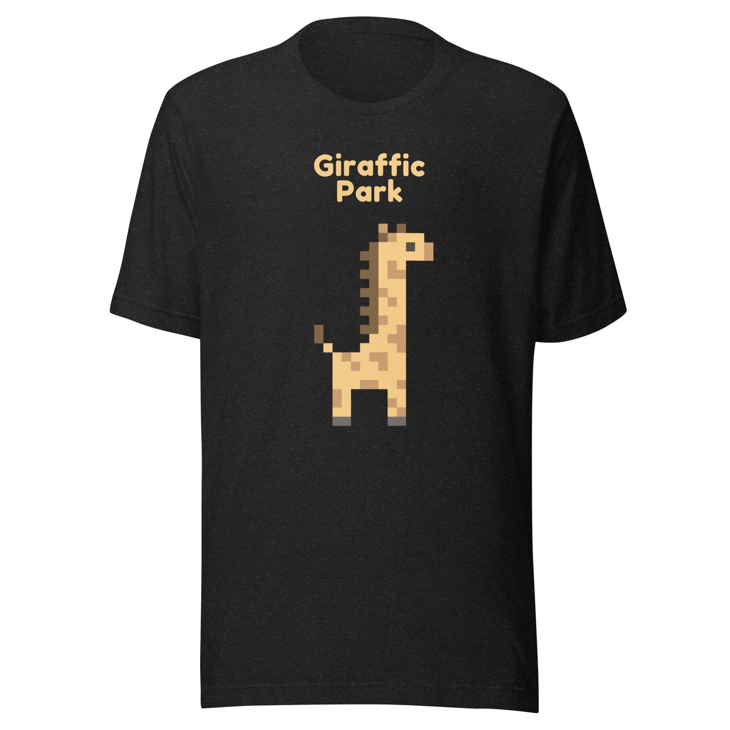 Pixelated Giraffe t-shirt with the words Giraffic Park