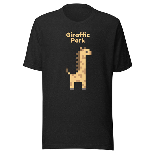 Pixelated Giraffe t-shirt with the words Giraffic Park