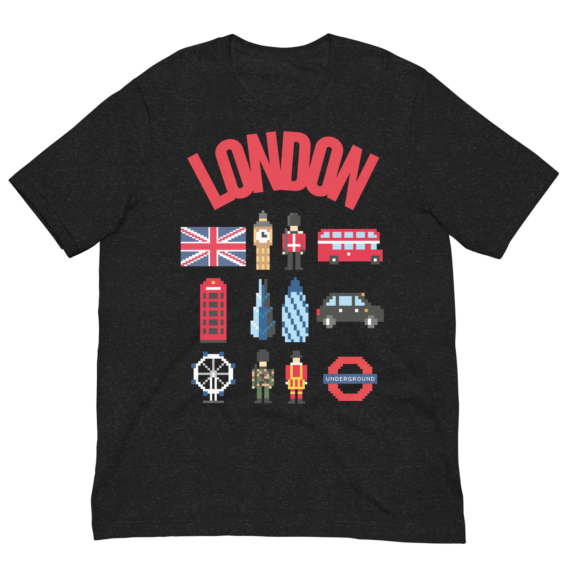 London Landmark Design with British Icons - Retro Pixelated Design T-Shirt Black Heather t-shirt