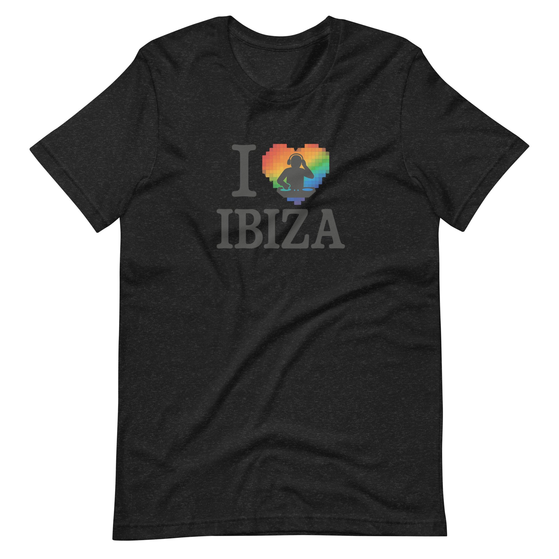 Black unisex design with “I ❤️ Ibiza” text featuring a rainbow-colored heart and DJ graphics – perfect for Ibiza nightlife fans and party lovers
