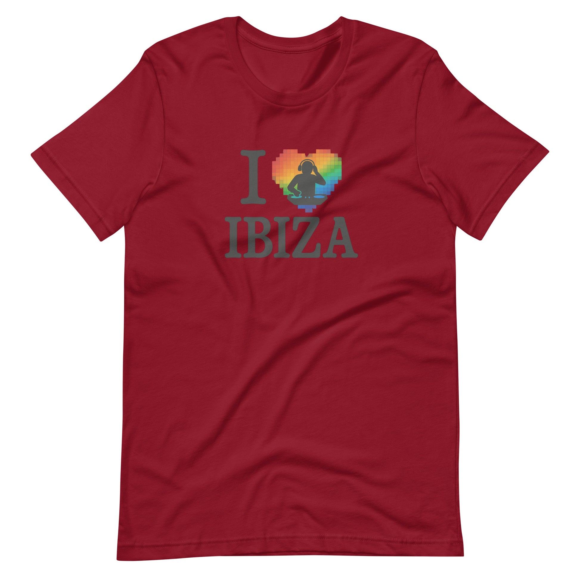 Red unisex design with “I ❤️ Ibiza” text featuring a rainbow-colored heart and DJ graphics – perfect for Ibiza nightlife fans and party lovers