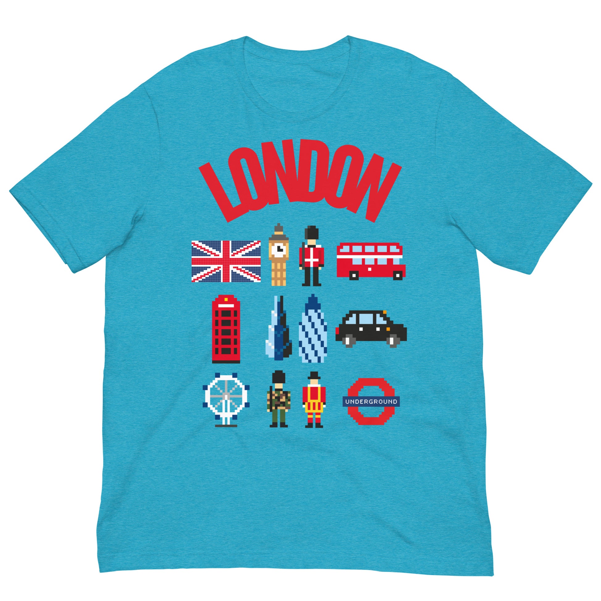 London Landmark Design with British Icons - Retro Pixelated Design T-Shirt Heather Aqua t-shirt