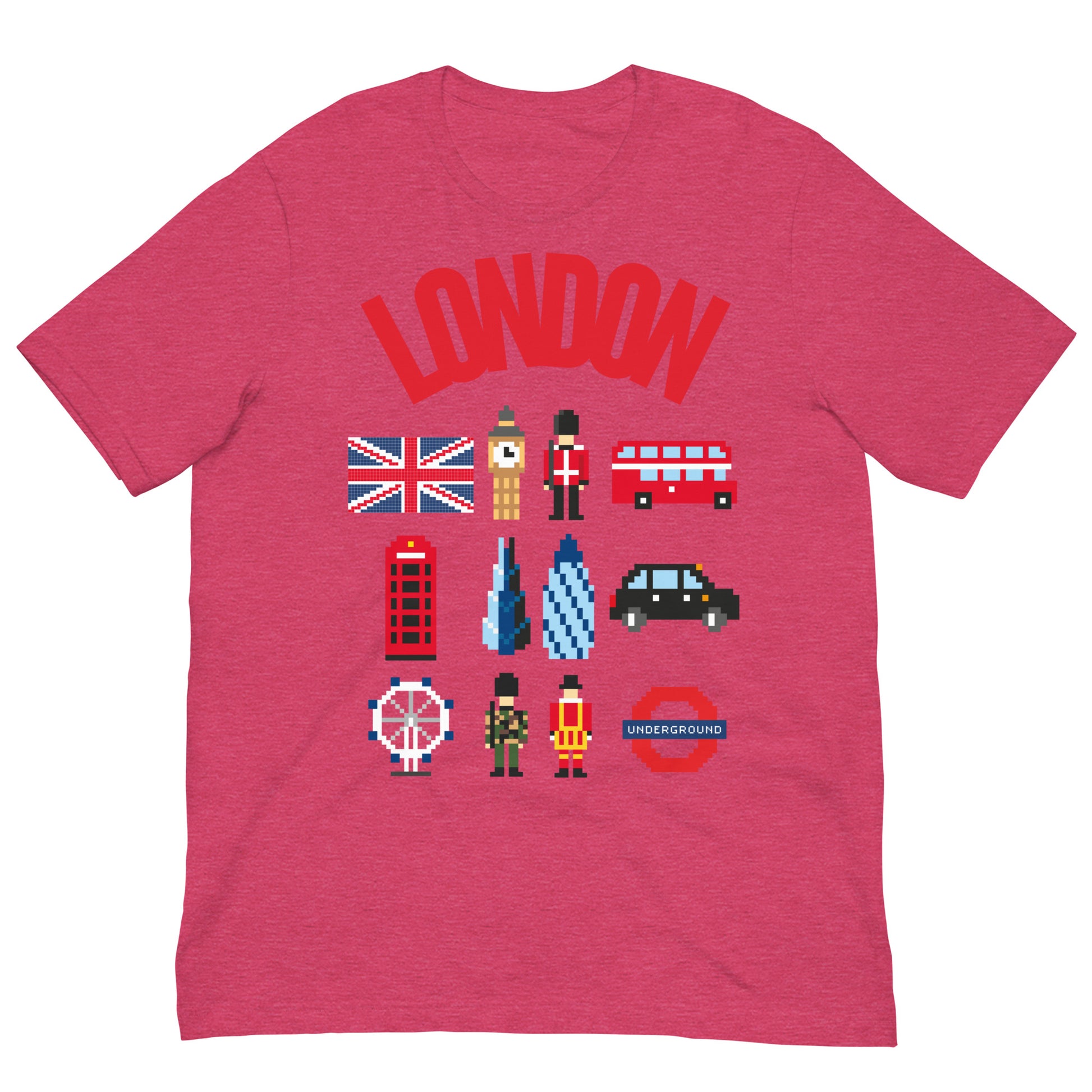 London Landmark Design with British Icons - Retro Pixelated Design T-Shirt Heather Raspberry t-shirt