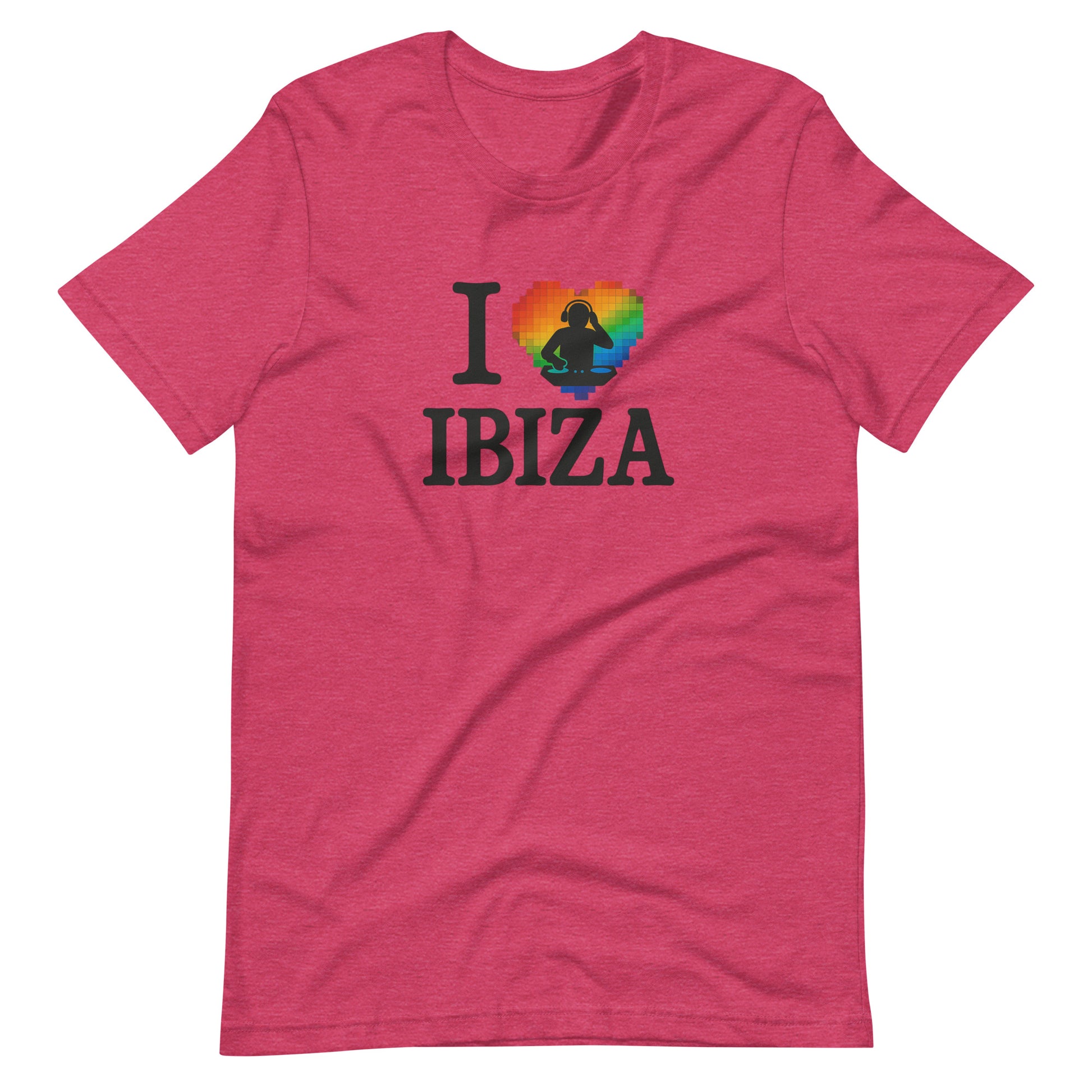Pink unisex design with “I ❤️ Ibiza” text featuring a rainbow-colored heart and DJ graphics – perfect for Ibiza nightlife fans and party lovers