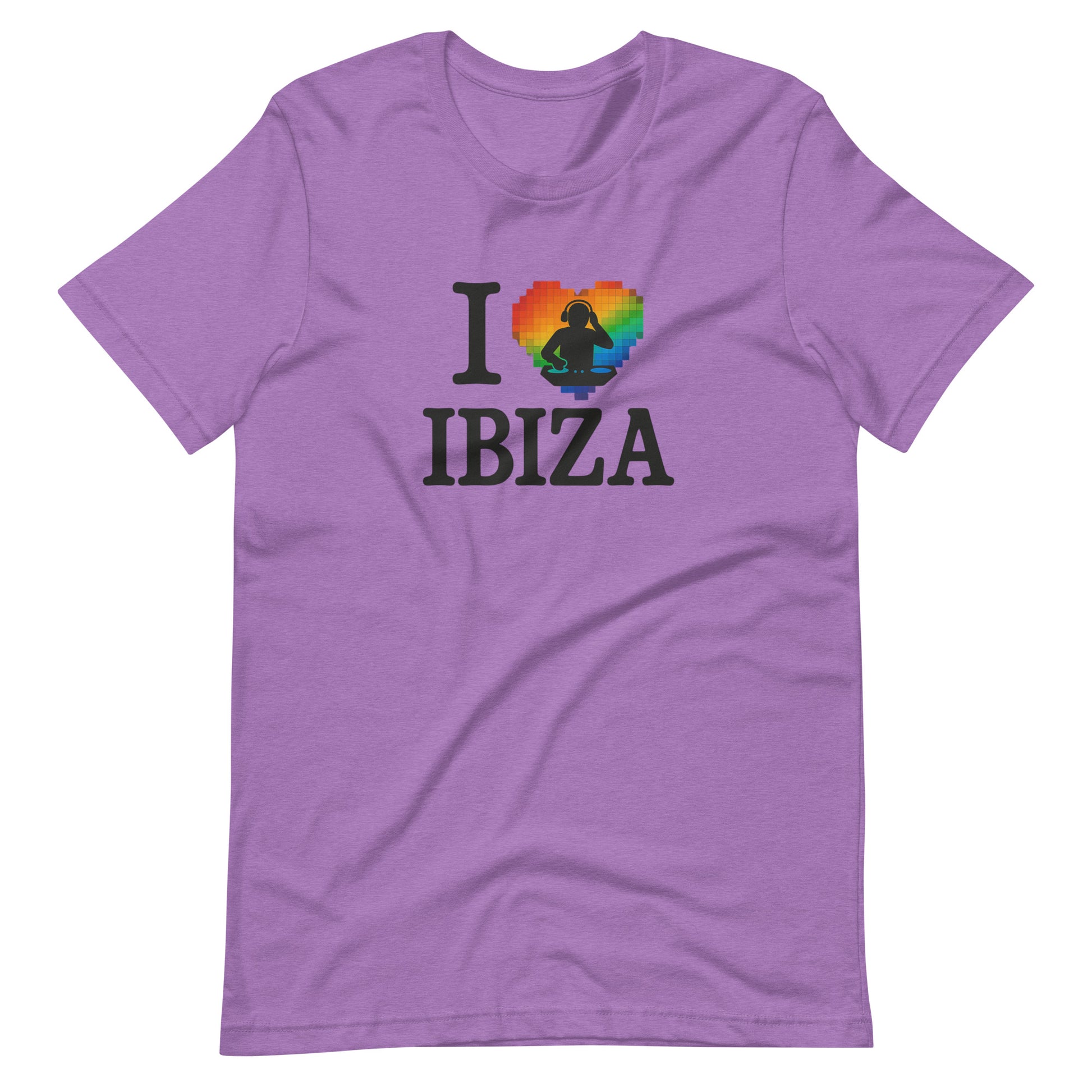 Purple unisex design with “I ❤️ Ibiza” text featuring a rainbow-colored heart and DJ graphics – perfect for Ibiza nightlife fans and party lovers