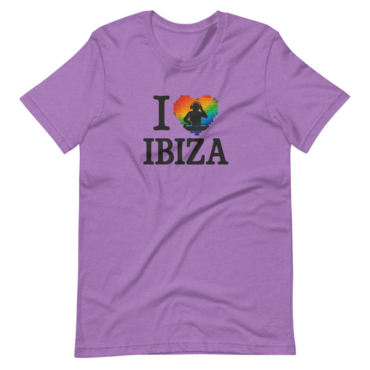 Purple unisex design with “I ❤️ Ibiza” text featuring a rainbow-colored heart and DJ graphics – perfect for Ibiza nightlife fans and party lovers