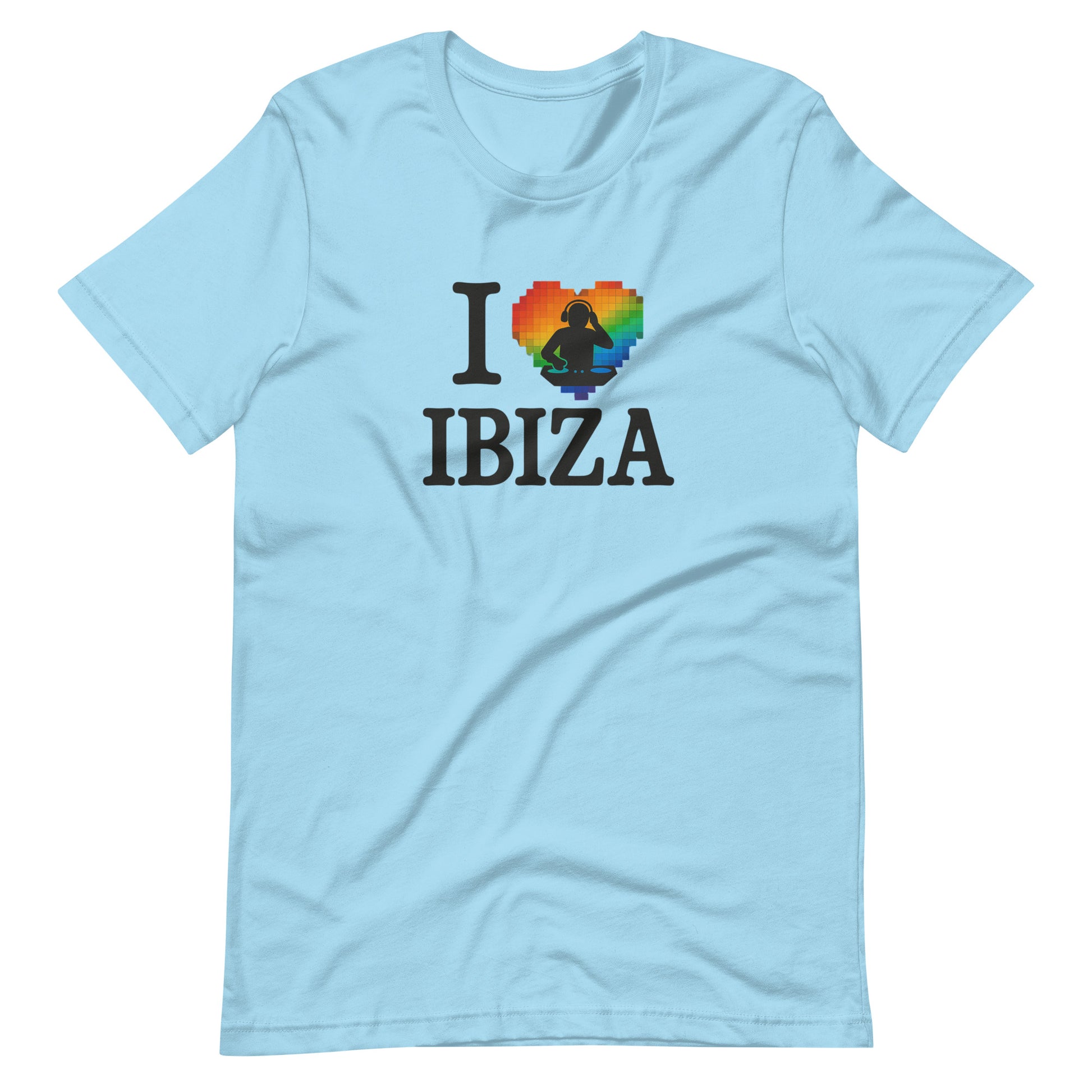 Pale Blue unisex design with “I ❤️ Ibiza” text featuring a rainbow-colored heart and DJ graphics – perfect for Ibiza nightlife fans and party lovers