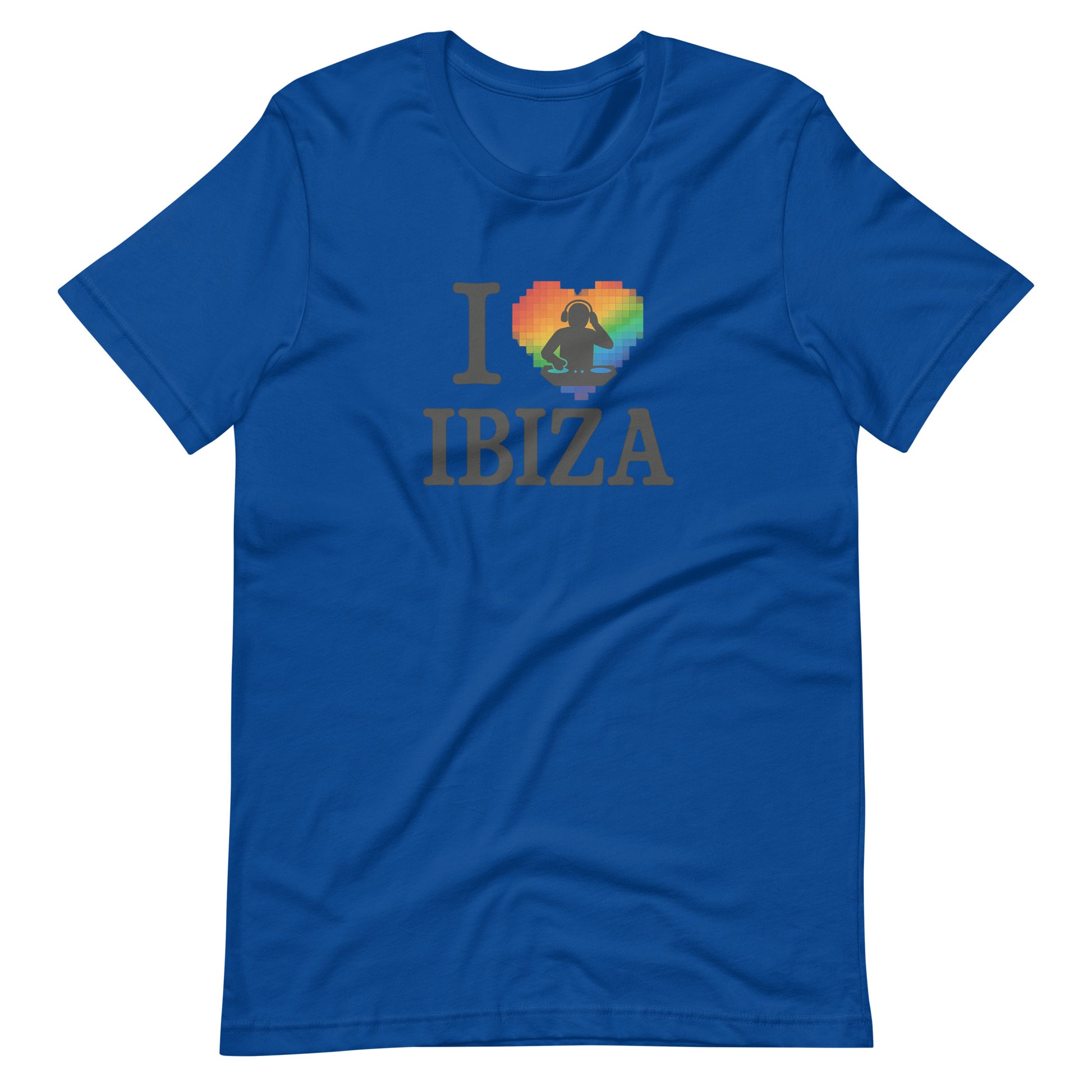 Royal blue unisex design with “I ❤️ Ibiza” text featuring a rainbow-colored heart and DJ graphics – perfect for Ibiza nightlife fans and party lovers