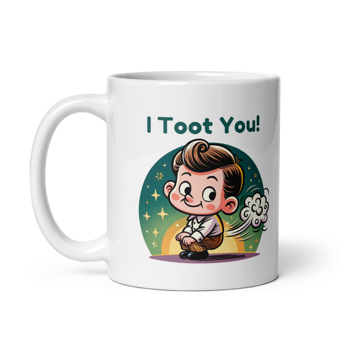 White mug with cartoon little boy pretending to do a windy-pop