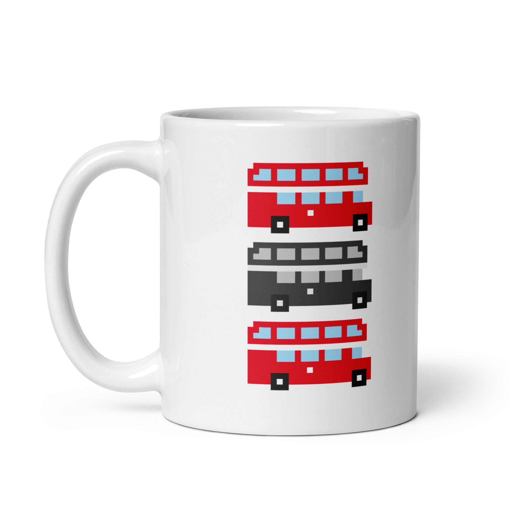 London Red Route Master Double Decker Bus. Pixel design in Red, Black & White and then Red again in a virtual line