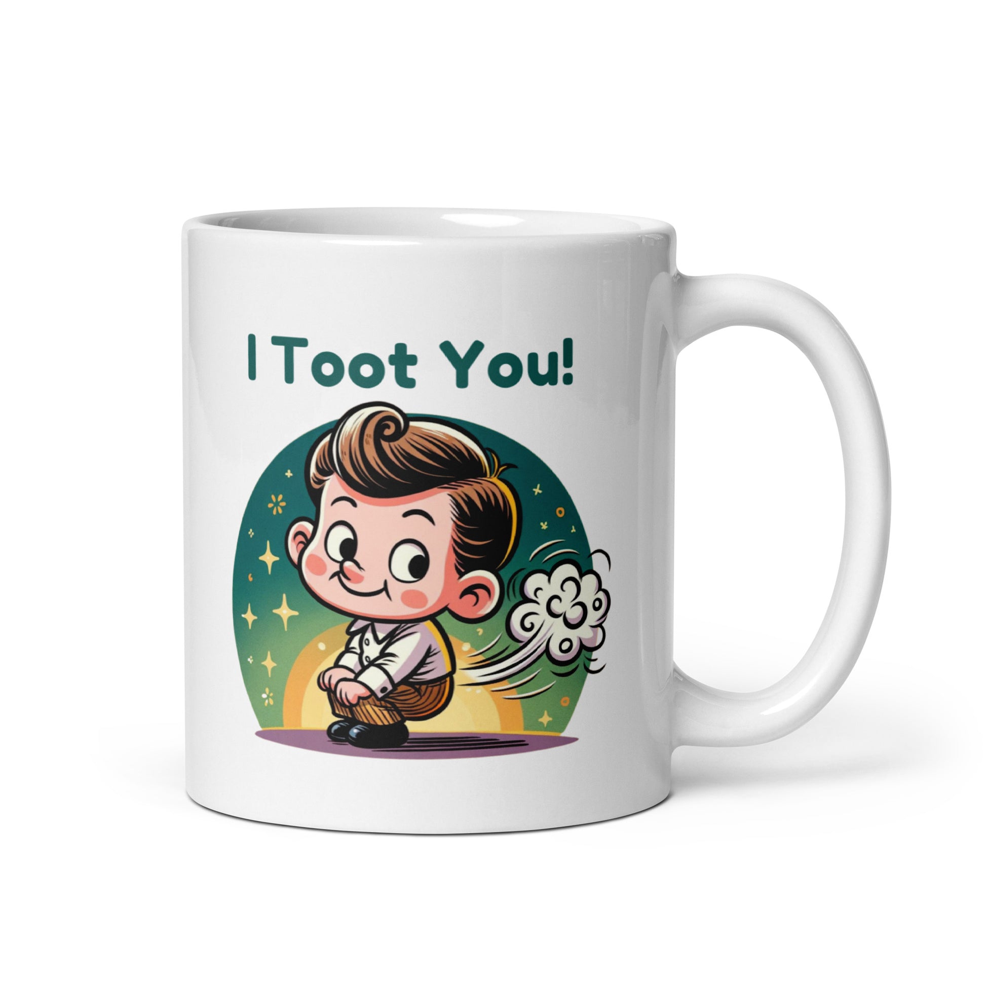 White mug with cartoon little boy pretending to do a windy-pop