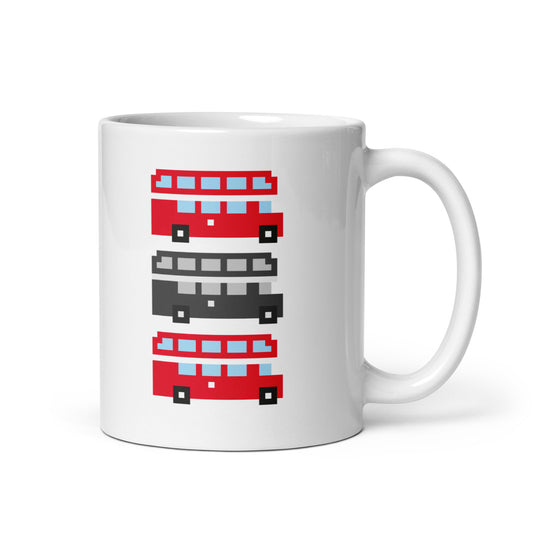 White mug with London Red Route Master Double Decker Bus. Pixel design in Red, Black & White and then Red again in a virtual line