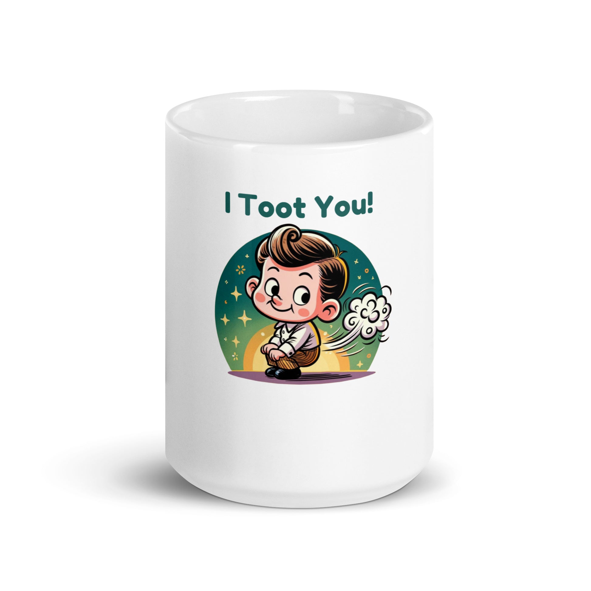 White mug with cartoon little boy pretending to do a windy-pop