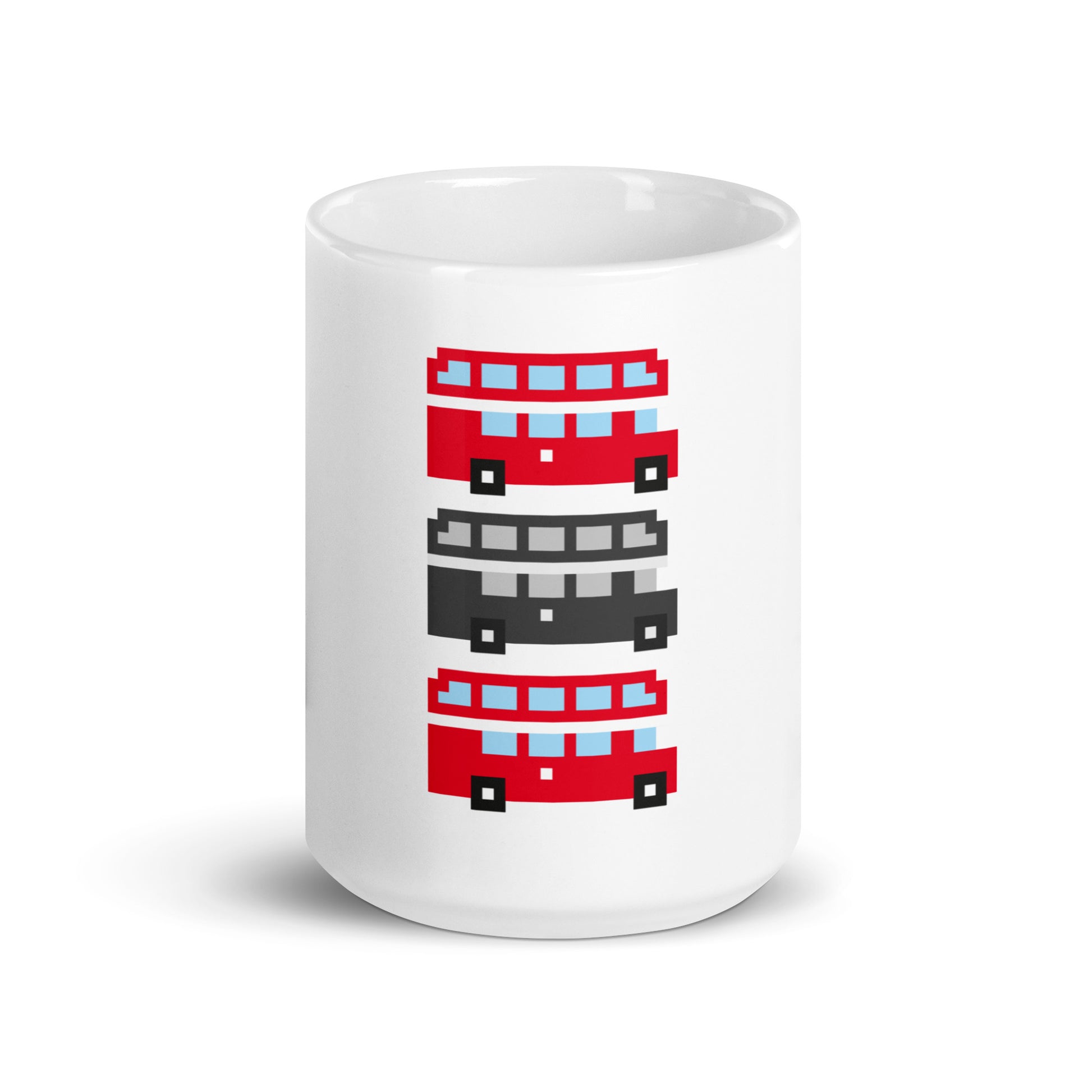 White Mug with London Red Route Master Double Decker Bus. Pixel design in Red, Black & White and then Red again in a virtual line