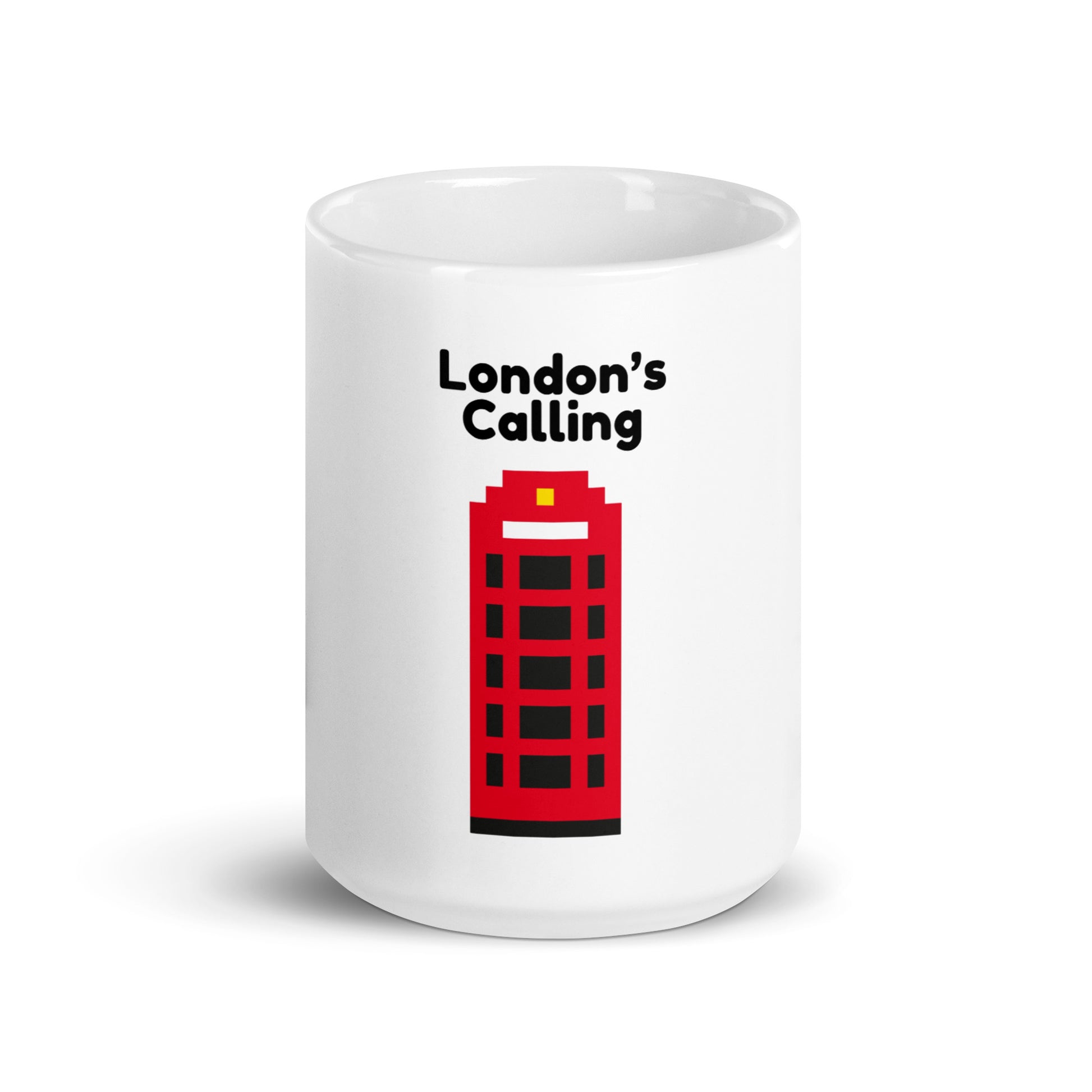 London’s Calling in black text on White mug with Red British Telecom Phone Box