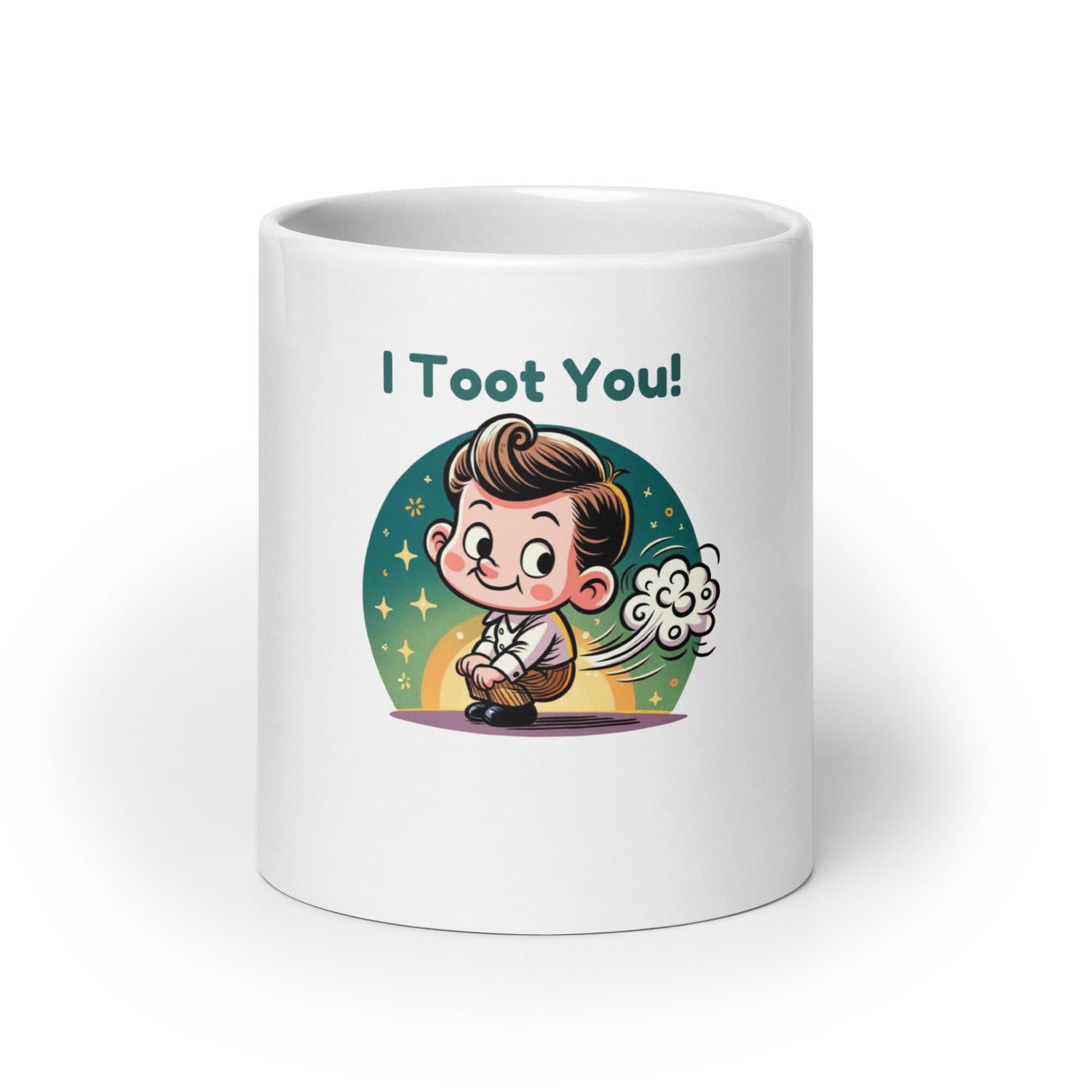 White mug with cartoon little boy pretending to do a windy-pop