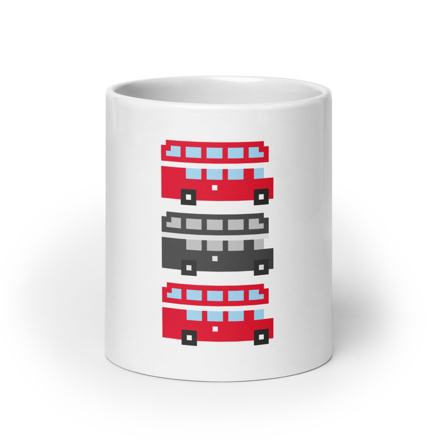 White mug with London Red Route Master Double Decker Bus. Pixel design in Red, Black & White and then Red again in a virtual line