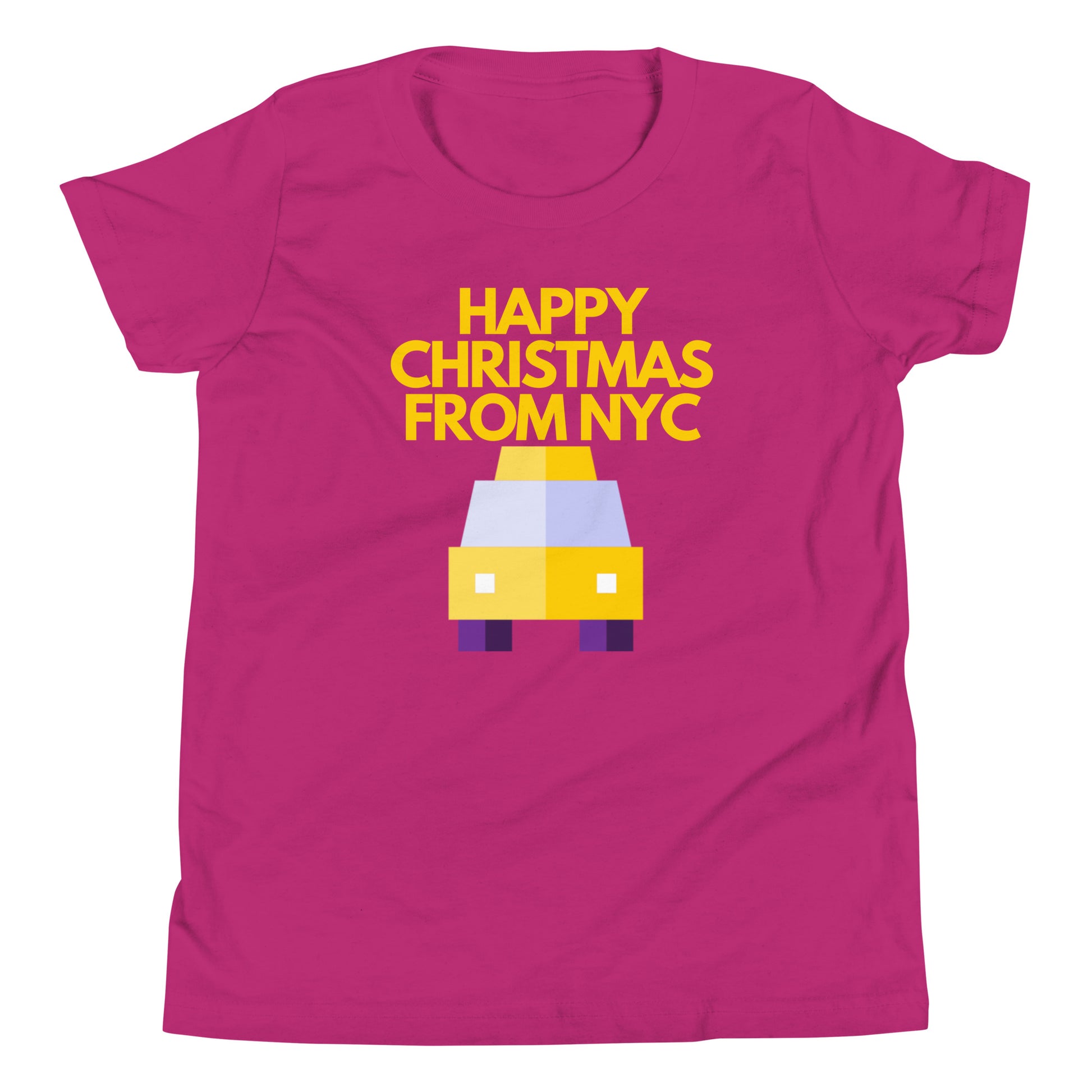 Pink t-shirt featuring a pixel art yellow NYC taxi with the festive message ‘Happy Christmas from NYC’ in bold yellow text above. This Christmas-themed shirt combines the iconic New York City cab with holiday spirit, making it an ideal Christmas gift for fans of NYC and unique holiday apparel. Perfect for Christmas shoppers looking for city-inspired holiday presents with a modern, retro twist