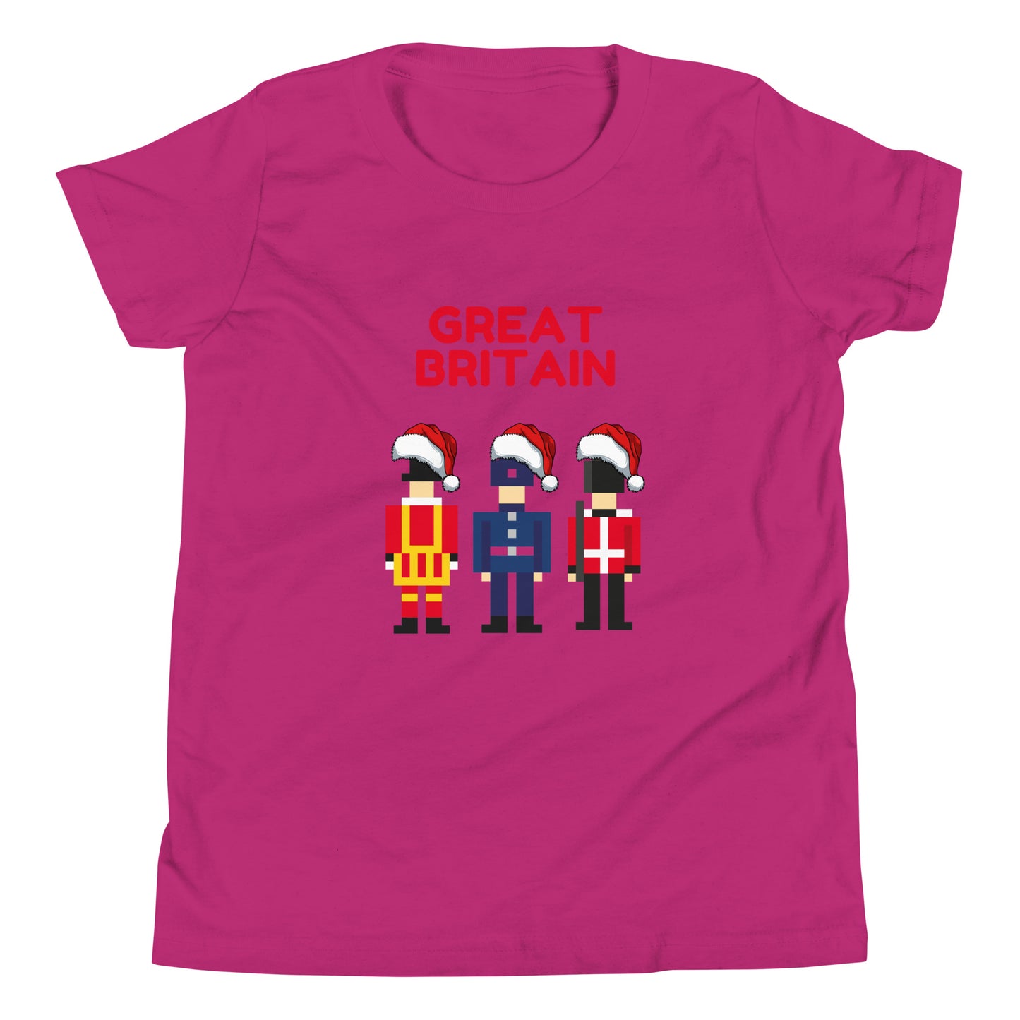 Festive pink t-shirt featuring pixel art of three British guards in traditional uniforms, each wearing a Santa hat, with the bold red text ‘Great Britain’ above. This London-themed Christmas shirt combines British tradition with holiday spirit, making it a perfect Christmas gift for fans of the UK and iconic London culture. Ideal for anyone looking for unique British holiday presents and Christmas gift ideas with a London twist