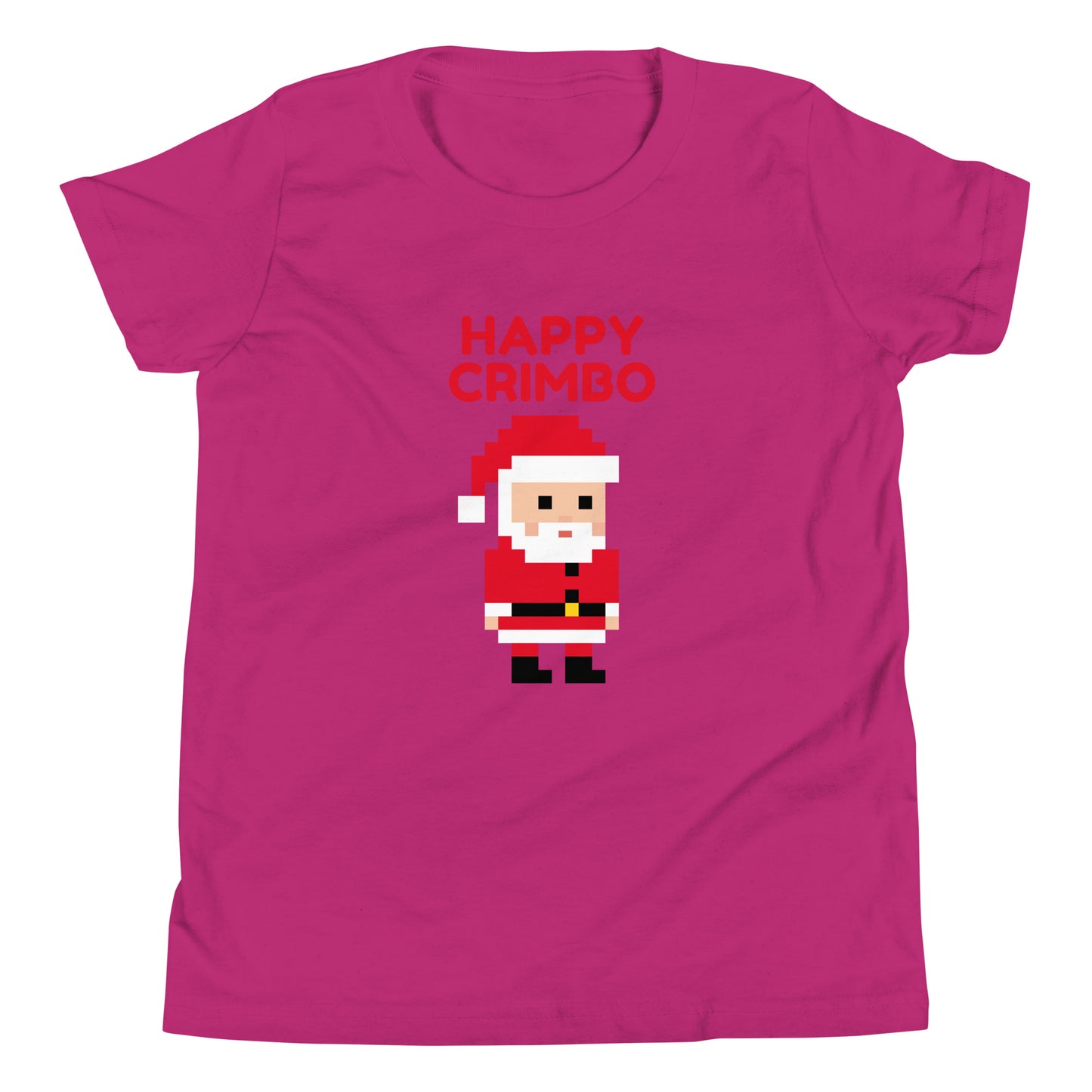 Pink t-shirt featuring a pixel art Santa with the playful text ‘Happy Crimbo’ in bold red above. This British-inspired Christmas shirt adds a fun twist to holiday greetings, using the casual UK term ‘Crimbo’ for Christmas. Perfect as a unique Christmas gift for fans of British culture, pixel art, and festive holiday apparel. Ideal for shoppers seeking London-themed or UK-style Christmas presents with a modern, retro design