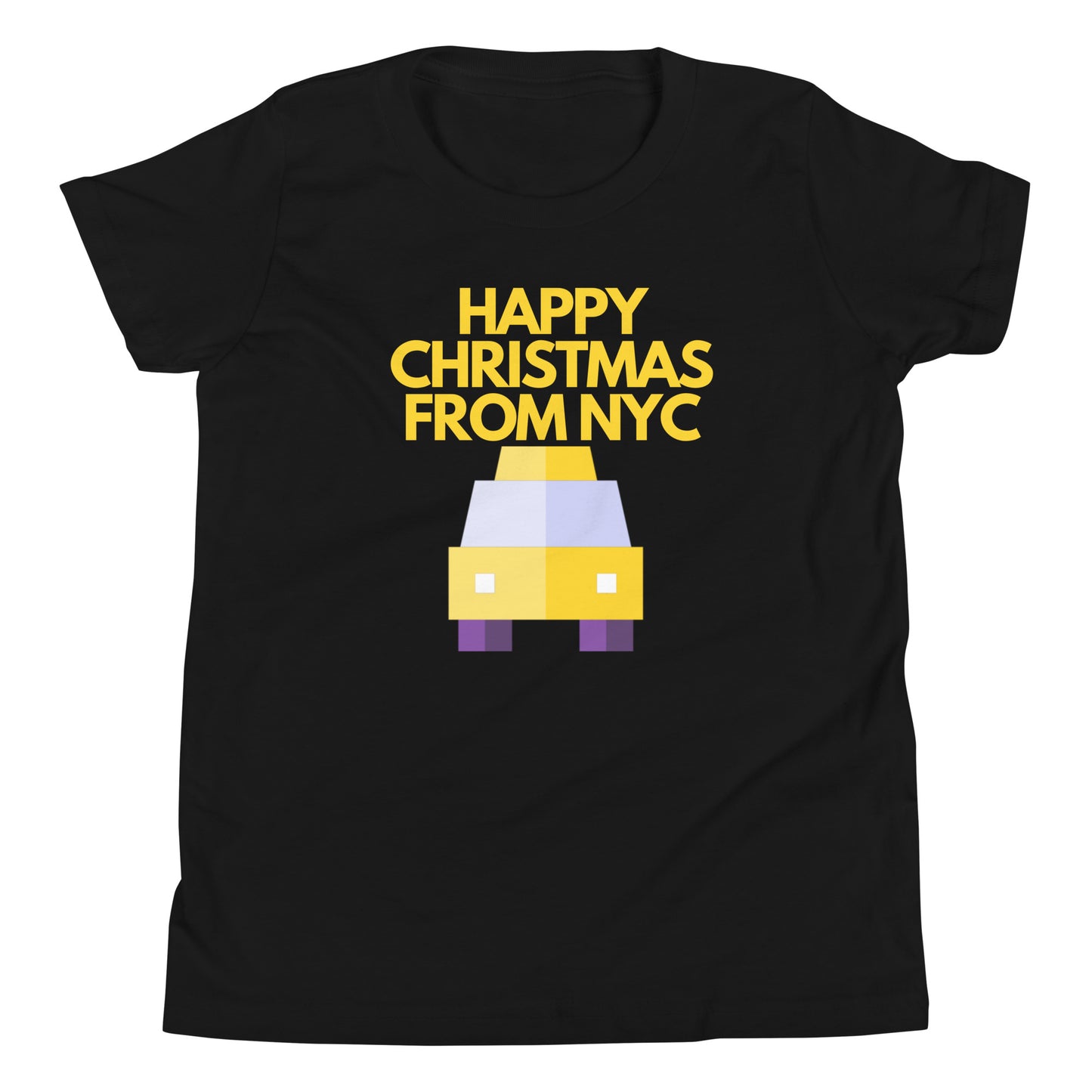 Black t-shirt featuring a pixel art yellow NYC taxi with the festive message ‘Happy Christmas from NYC’ in bold yellow text above. This Christmas-themed shirt combines the iconic New York City cab with holiday spirit, making it an ideal Christmas gift for fans of NYC and unique holiday apparel. Perfect for Christmas shoppers looking for city-inspired holiday presents with a modern, retro twist