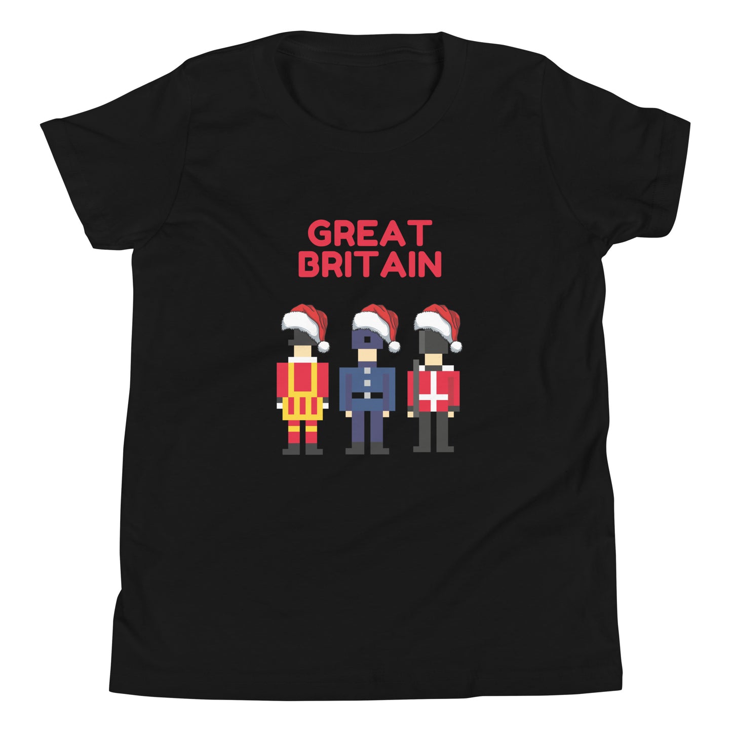 Festive black t-shirt featuring pixel art of three British guards in traditional uniforms, each wearing a Santa hat, with the bold red text ‘Great Britain’ above. This London-themed Christmas shirt combines British tradition with holiday spirit, making it a perfect Christmas gift for fans of the UK and iconic London culture. Ideal for anyone looking for unique British holiday presents and Christmas gift ideas with a London twist